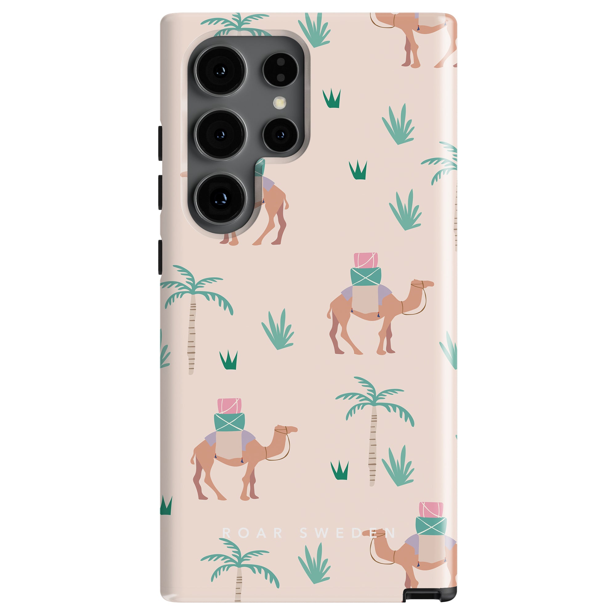 Explore the Camel Trek - Tough Case from ROAR Sweden's Djurkollektion, adorned with camel and desert plant illustrations. The pastel color blocks on the camels' backs enhance this durable and fashionable smartphone accessory, ideal for those inspired by ökenresor adventures.