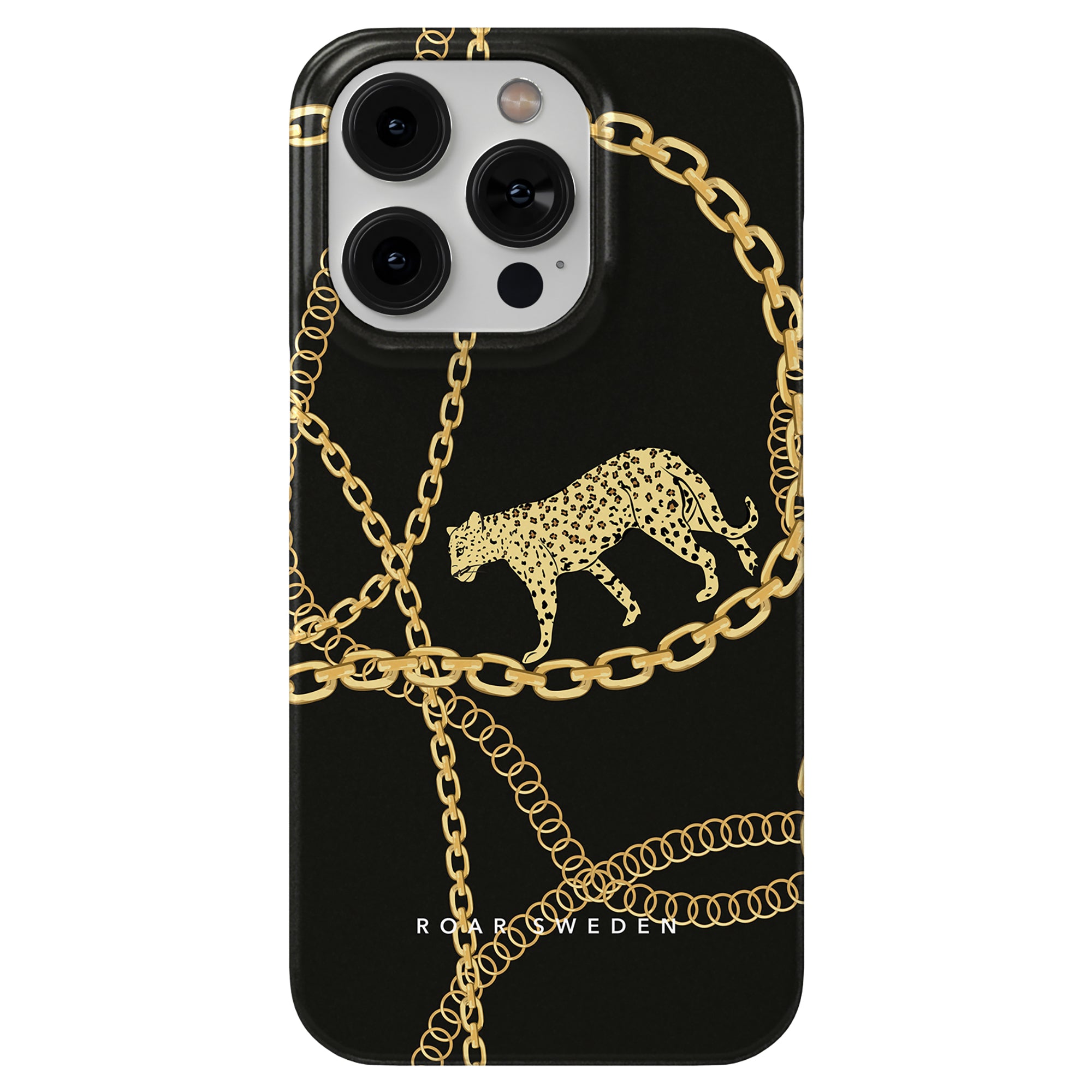 Beskrivning: Ett mobilskal med leopardmönster och Chains - Slim case i guld.