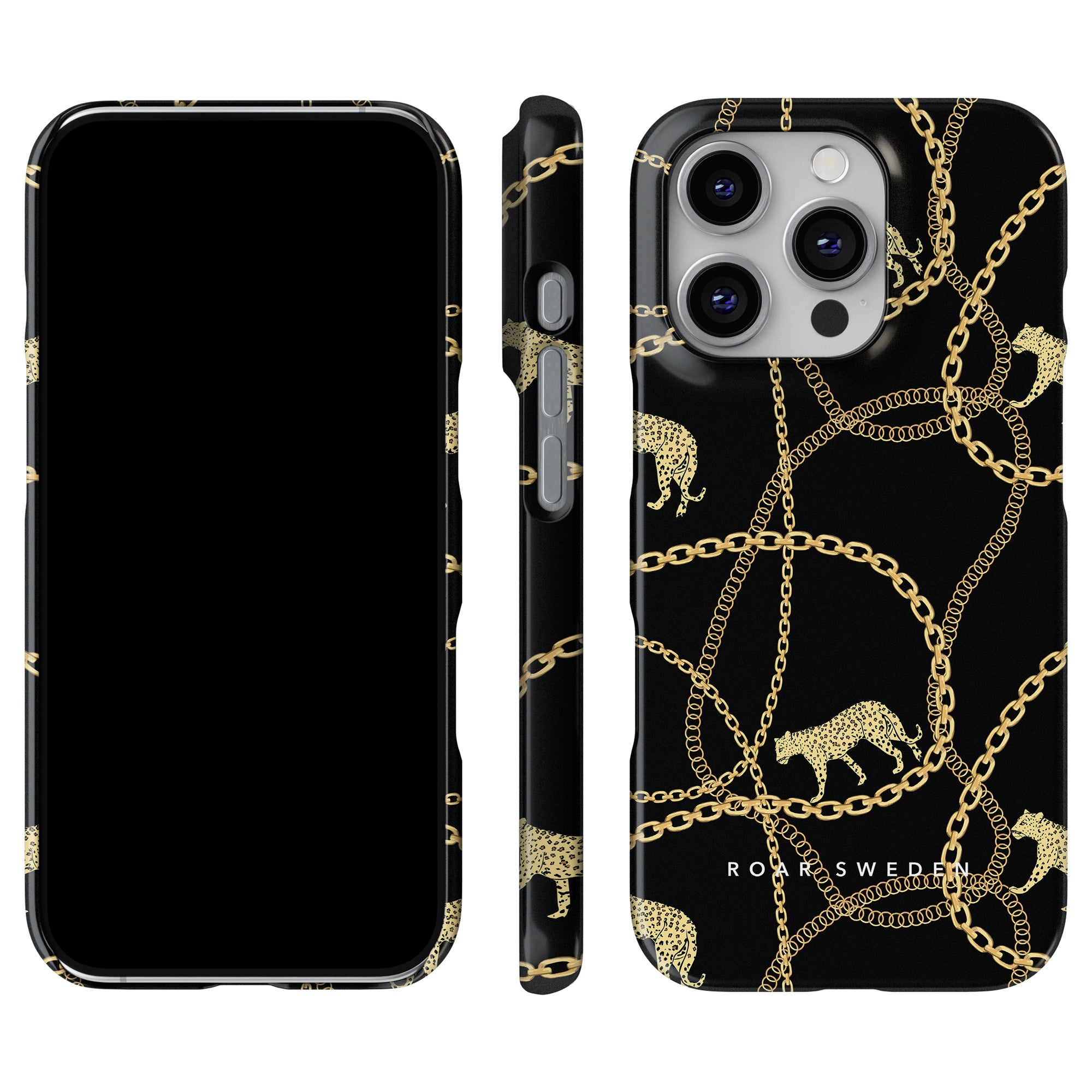 Discover the sophistication of our "Chains - Slim case," featuring a bold black background embellished with a gold chain and leopard print. Crafted from resilient polycarbonate, it is showcased from three angles: front, side, and back.