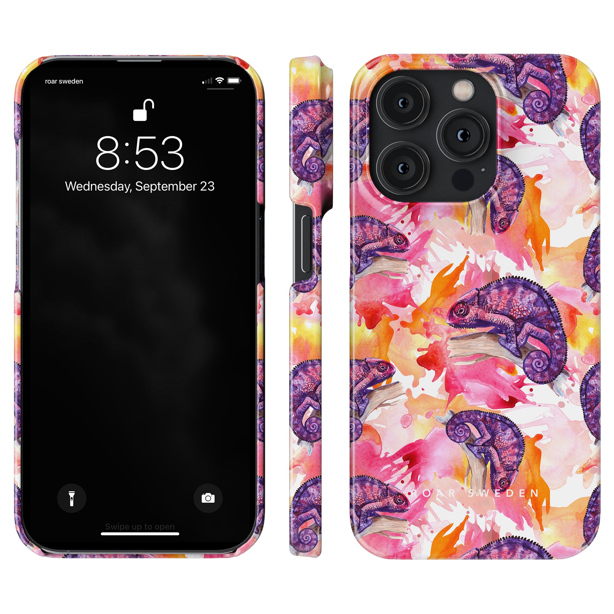 Beskrivning: Ett Chameleon - Slim case mobilskal med rosa och lila blommönster, med en rosa blomma på det.