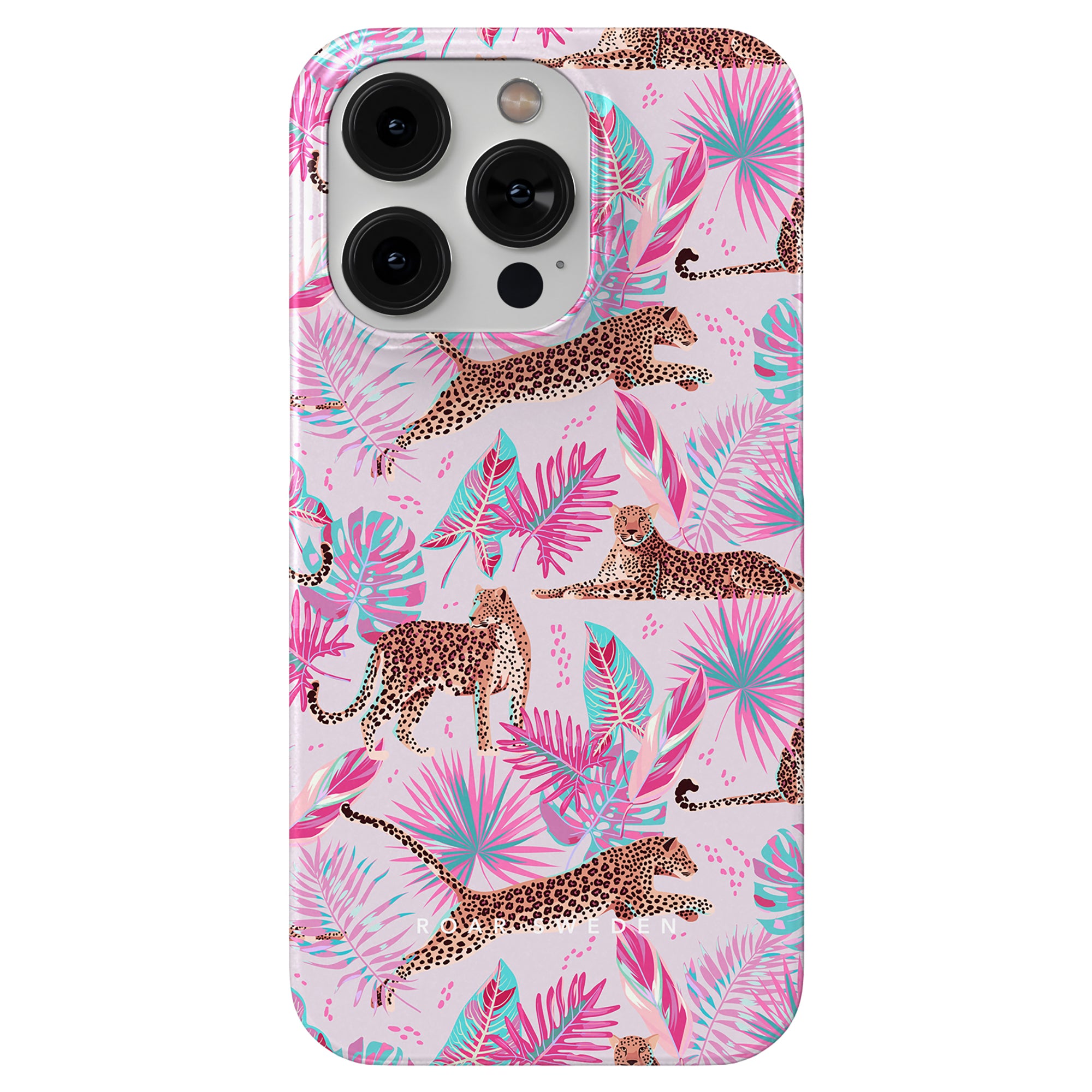 En rosa Chill mobilskal med leoparder och palmträd.