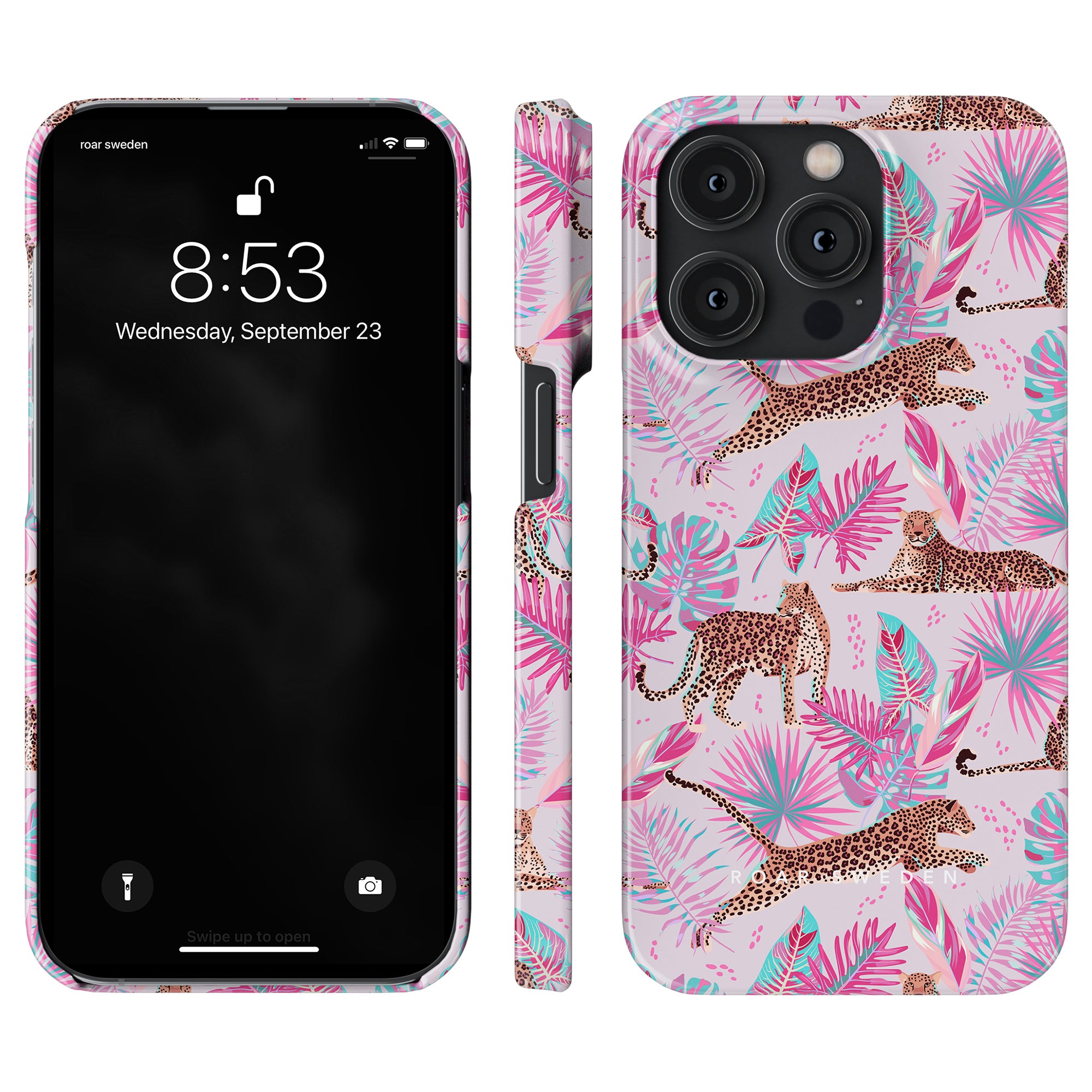 Beskrivning: Ett rosa Chill - Slim case mobilskal med cheetahs och palmträd på det.