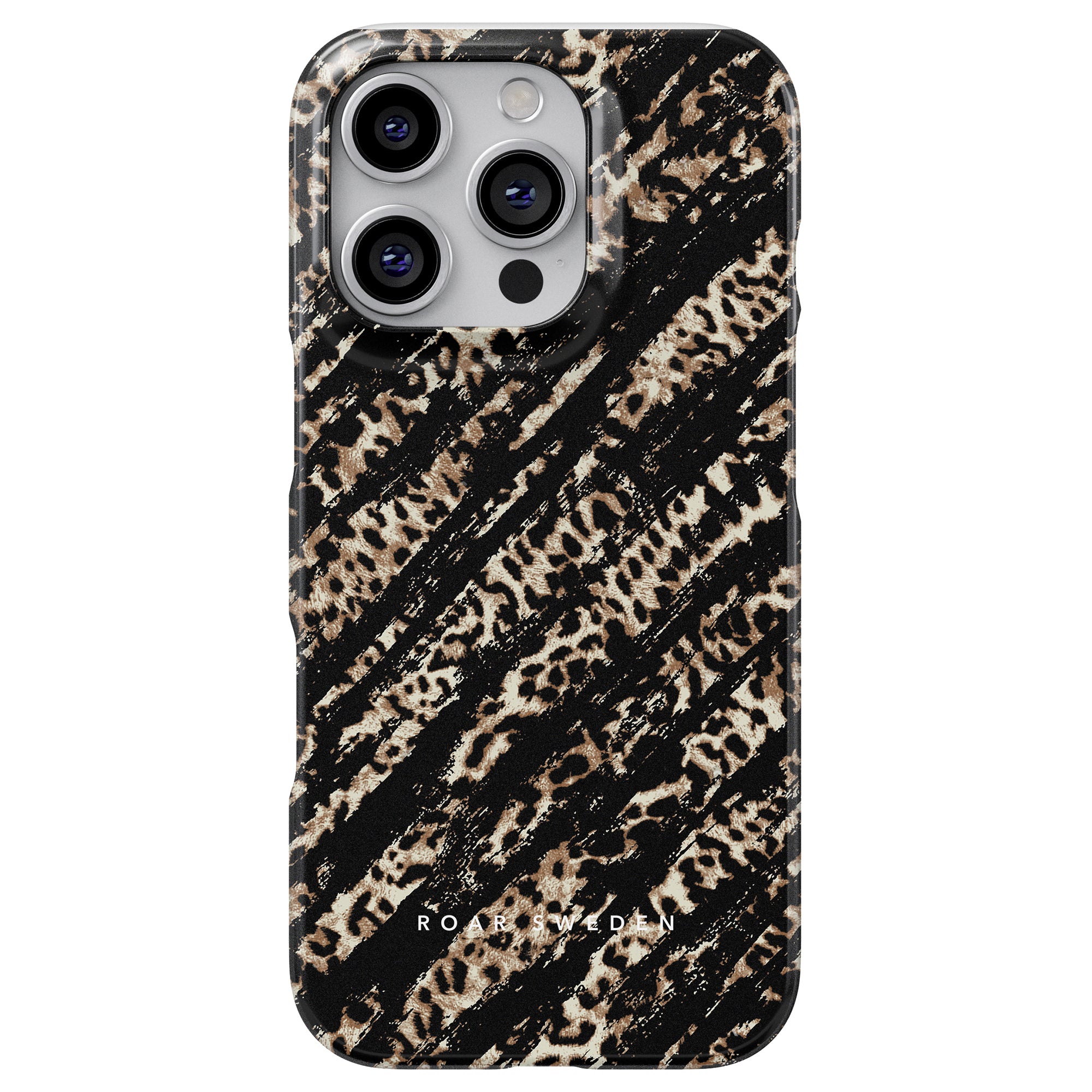 This stylish smartphone comes equipped with the Claws - Slim Case in leopard print, offering an elegant appearance while ensuring superior protection, complemented by three camera lenses on the back.