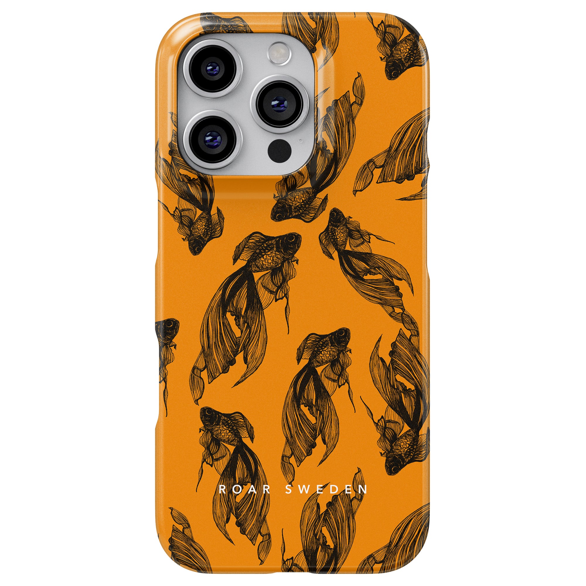 Vi presenterar vår Exotic Collections slimmade Cleo-fodral: ett orange telefonfodral tillverkat av slitstarkt polykarbonat, med svart fisklinjekonst och "Roar Sweden"-text.