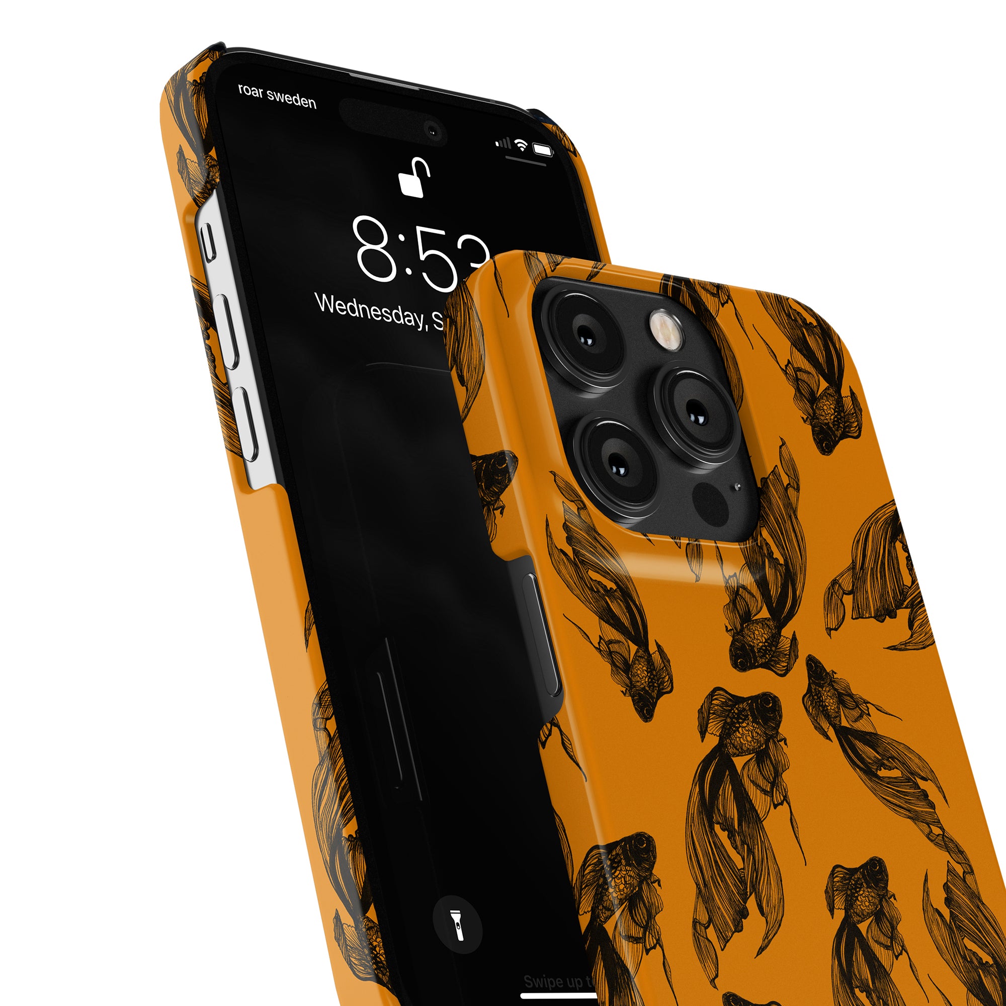 En smartphone visar 8:52 på låsskärmen, inkapslad i ett Cleo - Slim fodral från Exotic Collection. Den eleganta svarta och orangea designen har abstrakta fiskmönster och är tillverkad med slitstark polykarbonat för en snygg, skyddande finish.