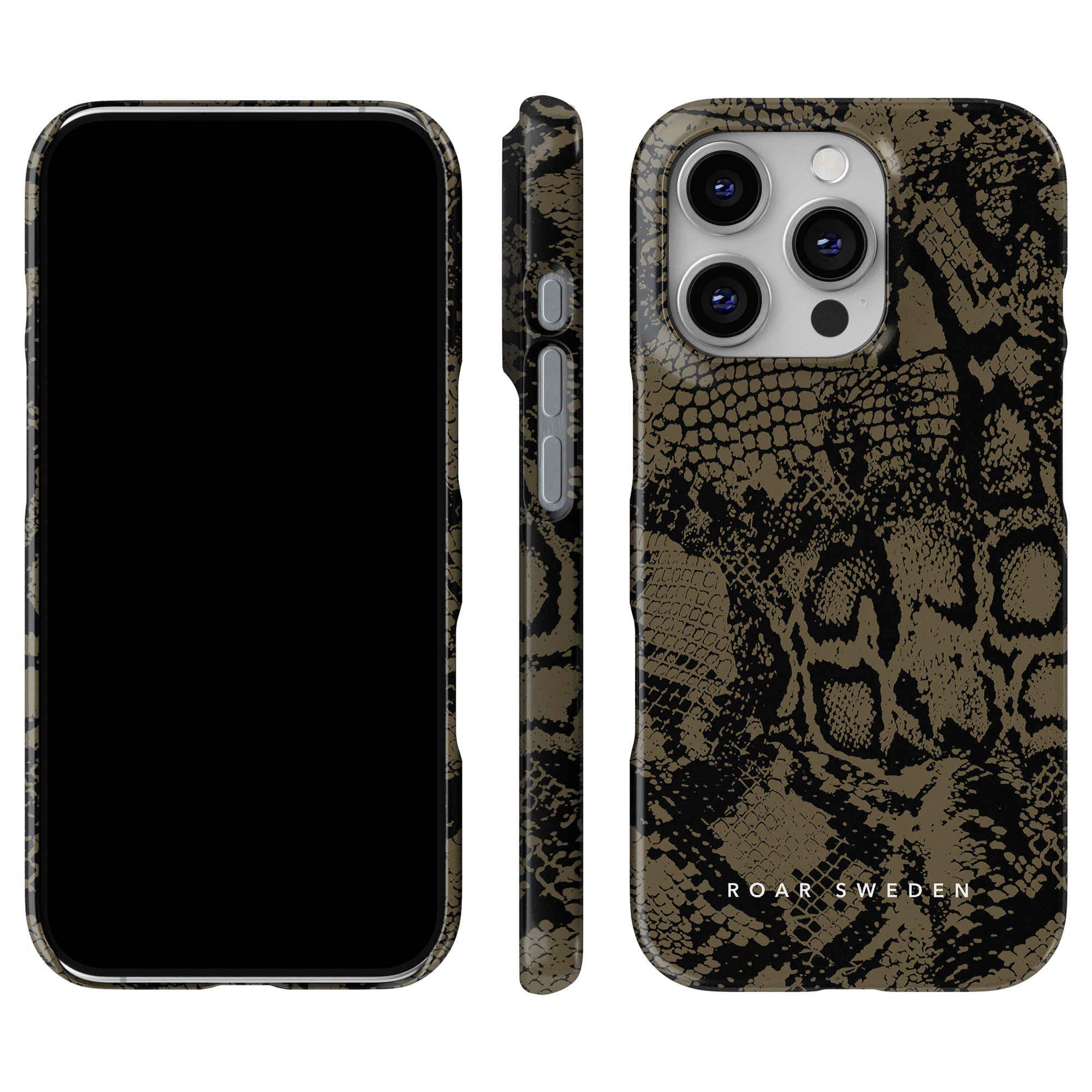 The Cobra - Slim case, adorned in a luxurious and sophisticated black and brown snakeskin pattern, elegantly showcases front, side, and back views of a smartphone.