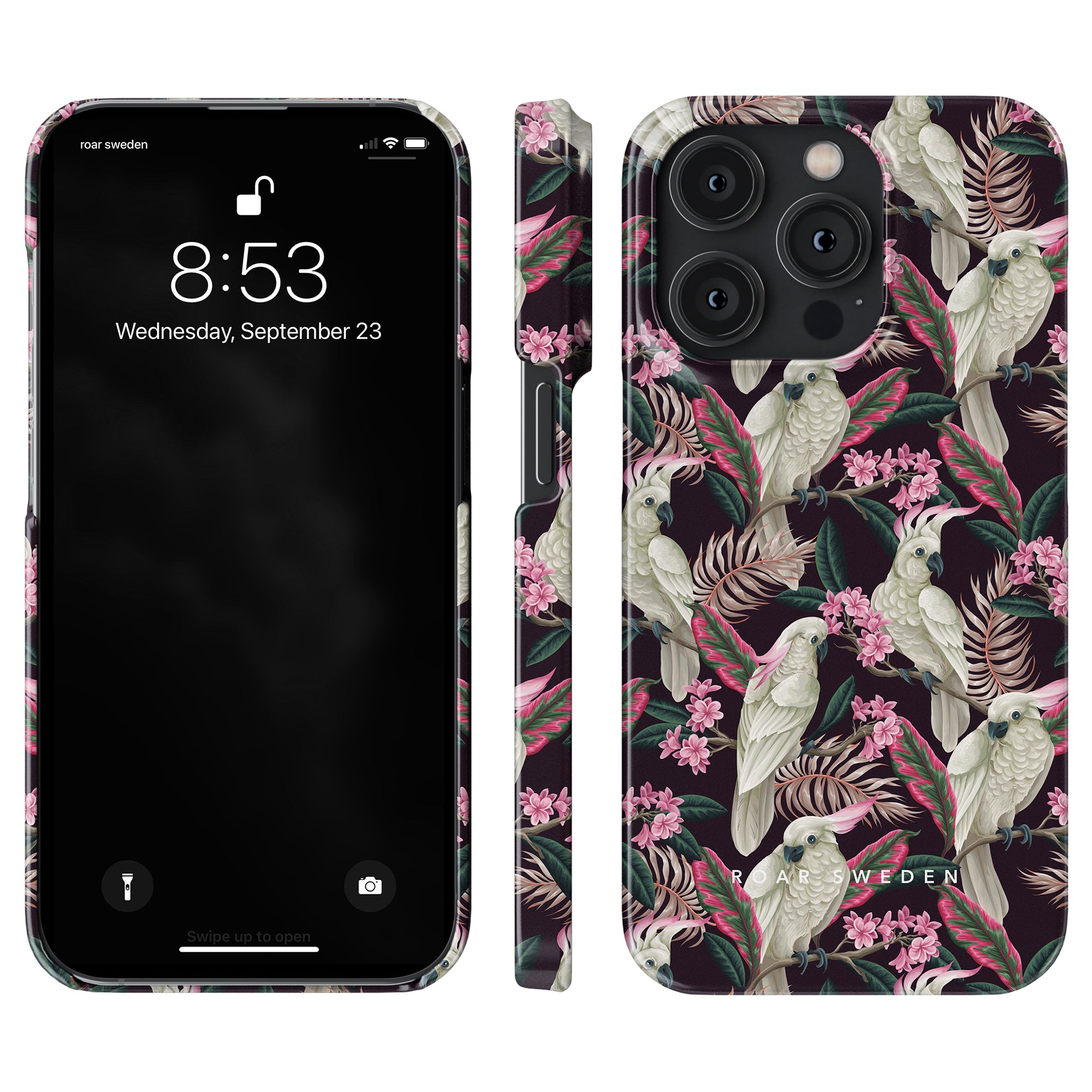 iPhone with a black screen displaying the time and date inside the Cockatoo - Slim case from the Birds Collection, showcasing white cockatoos and pink flowers.