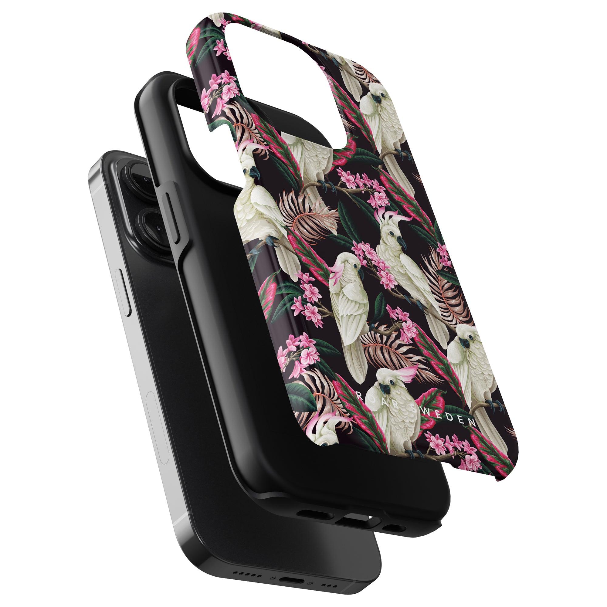 A smartphone with two cases: one plain black and the other named Cockatoo - Tough case, featuring a design of white parrots and pink flowers from the Birds Collection.