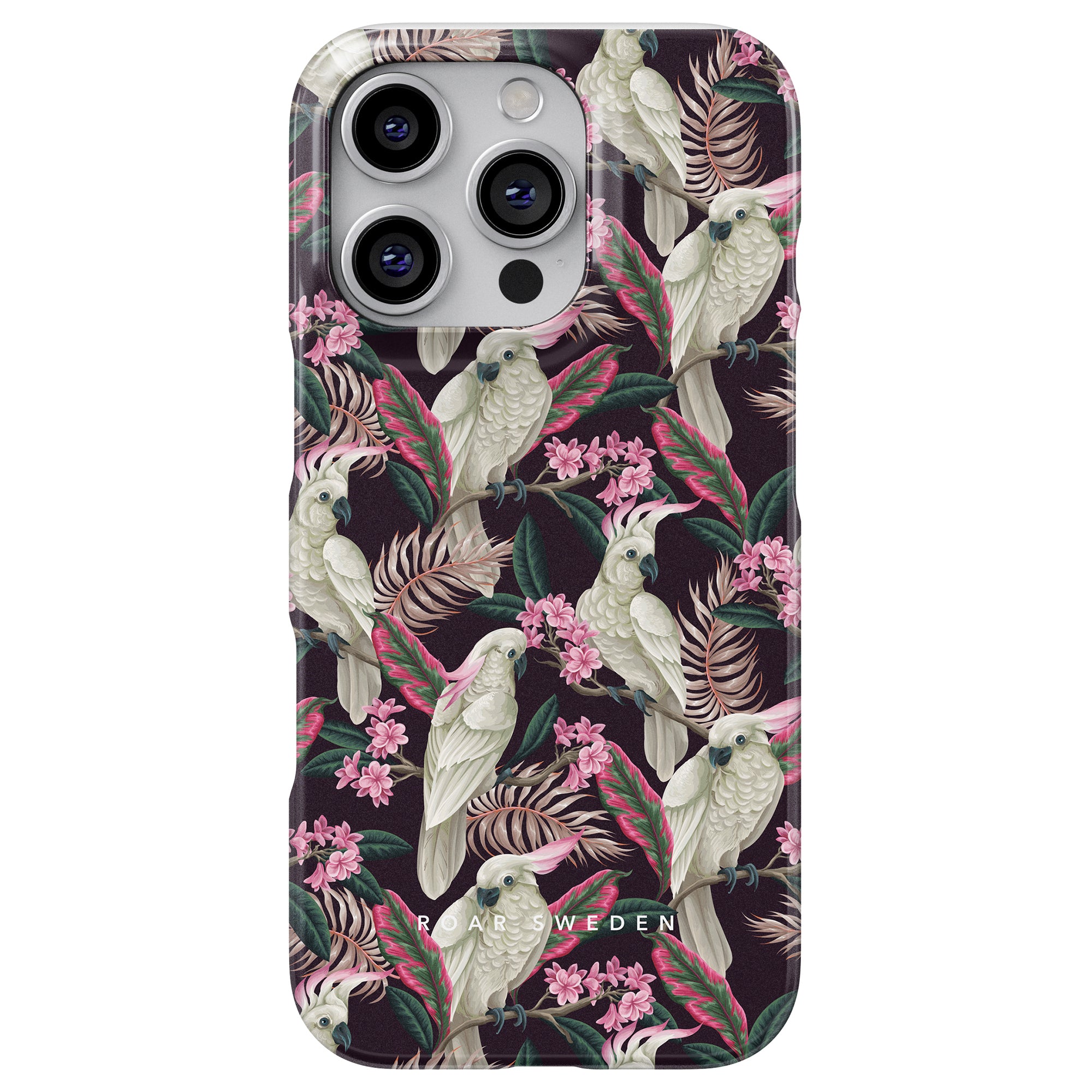 The Cockatoo - Slim case from the Birds Collection features a vibrant floral and parrot design, highlighting pink flowers and green leaves against a dark background.