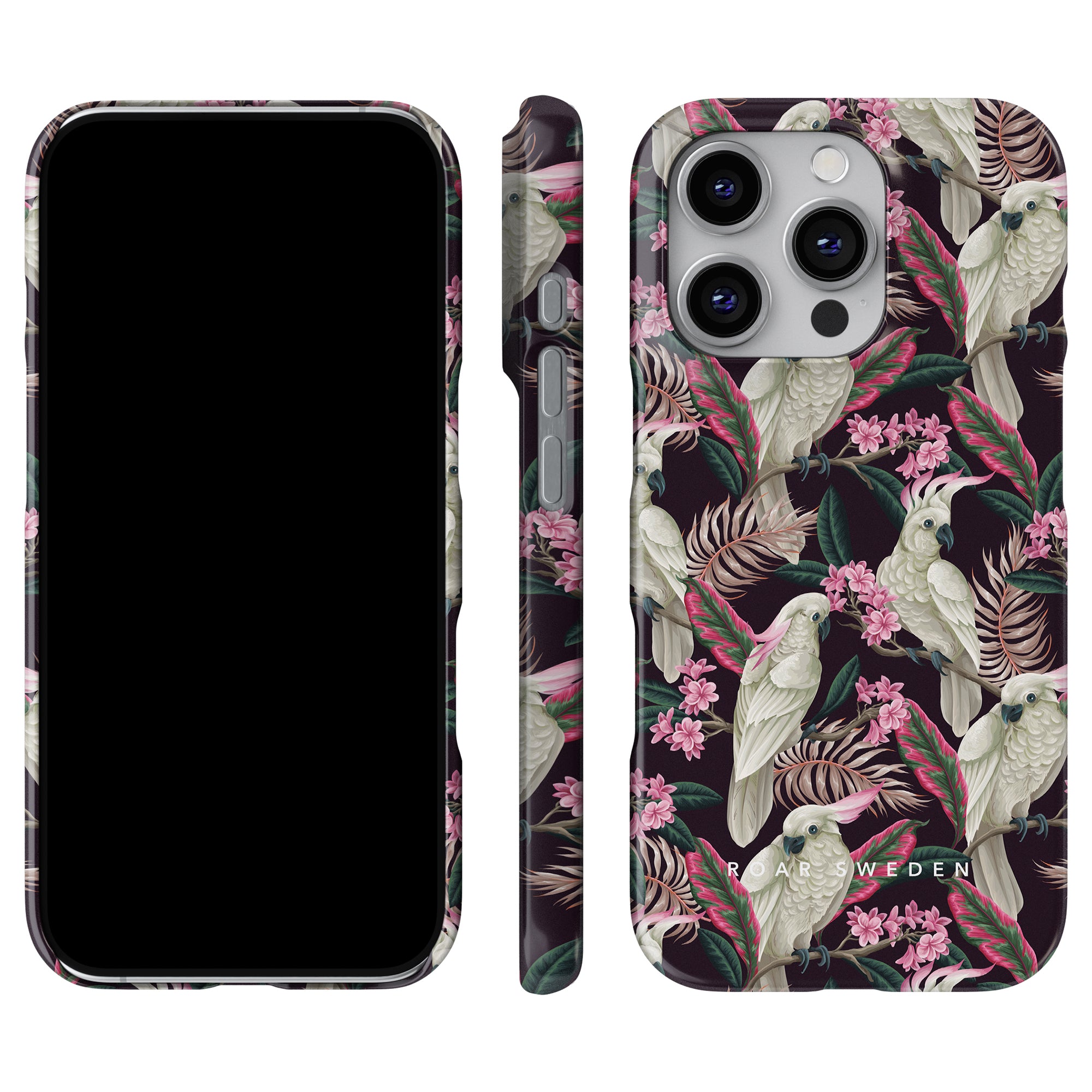 Explore the vibrant Birds Collection with the Cockatoo - Slim Case, which features a tropical design of white parrots and pink flowers set against a dark backdrop. Ideal for those who appreciate elegance and style in one exquisite mobilskal.