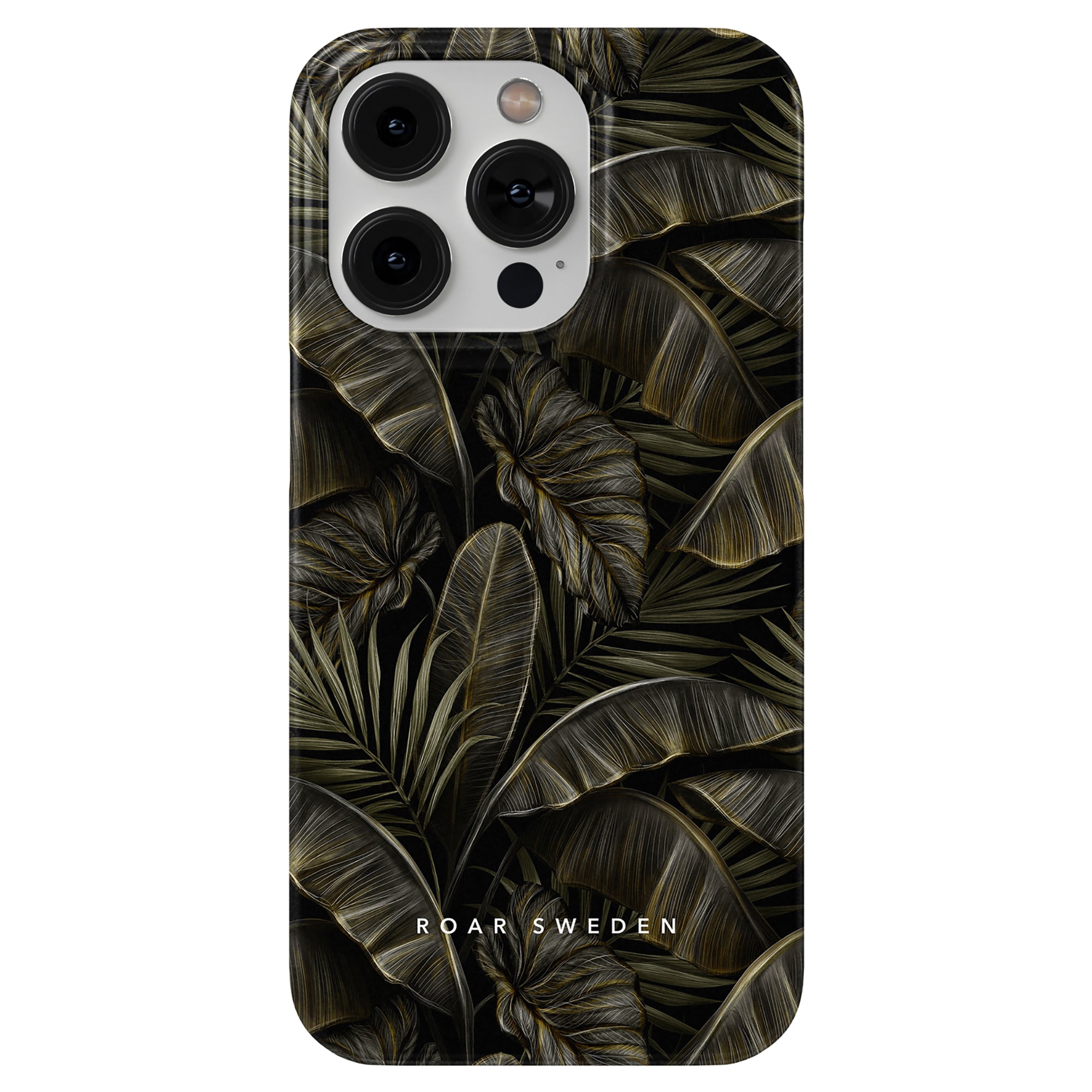 Ett svart och guld Colocasia - Tunt fodral med palmblad på, ger skydd för din telefon.