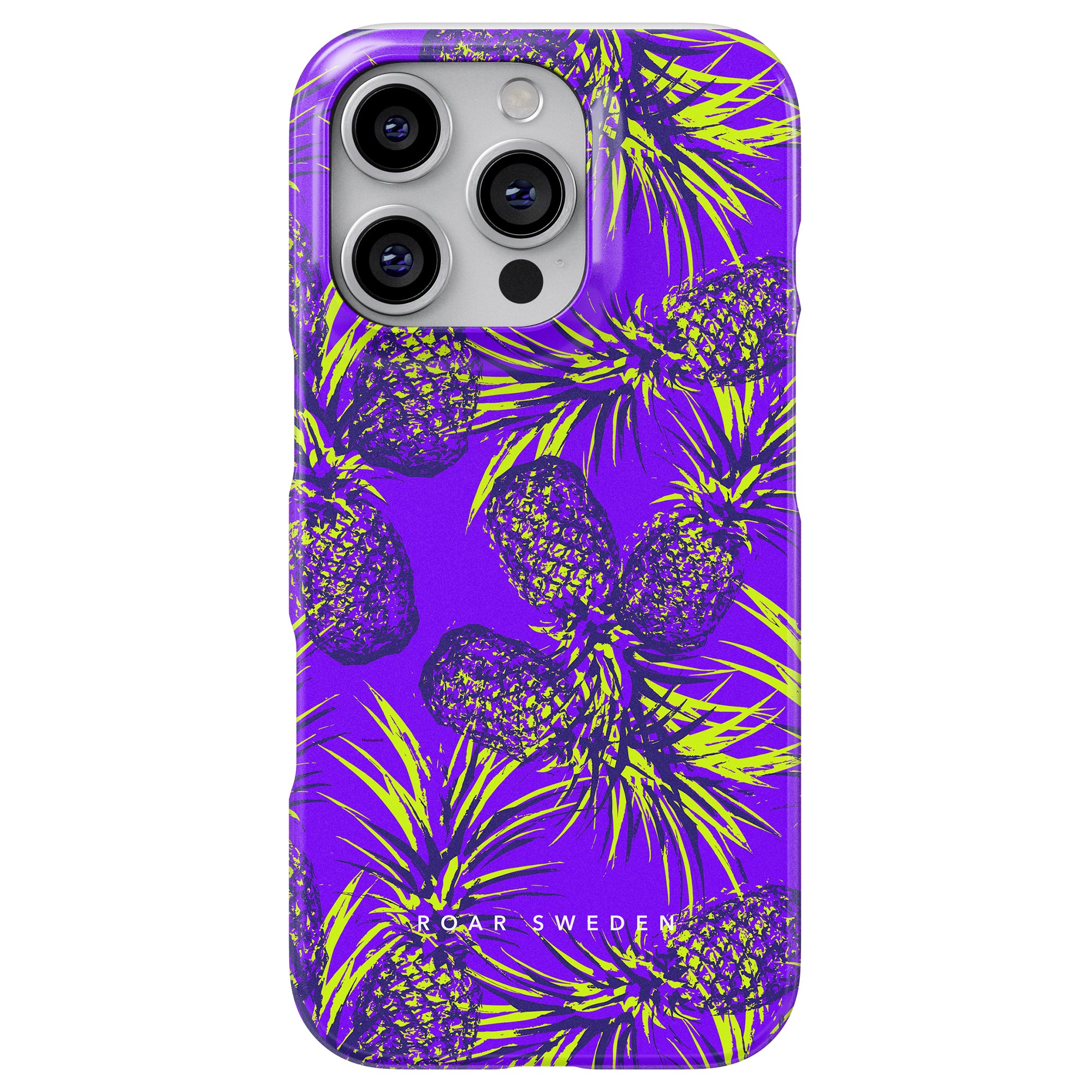 Comosus - Slim case in purple with a green and black ananas design, part of the tropical fruit collection, featuring "Roar Sweden" branding at the bottom.