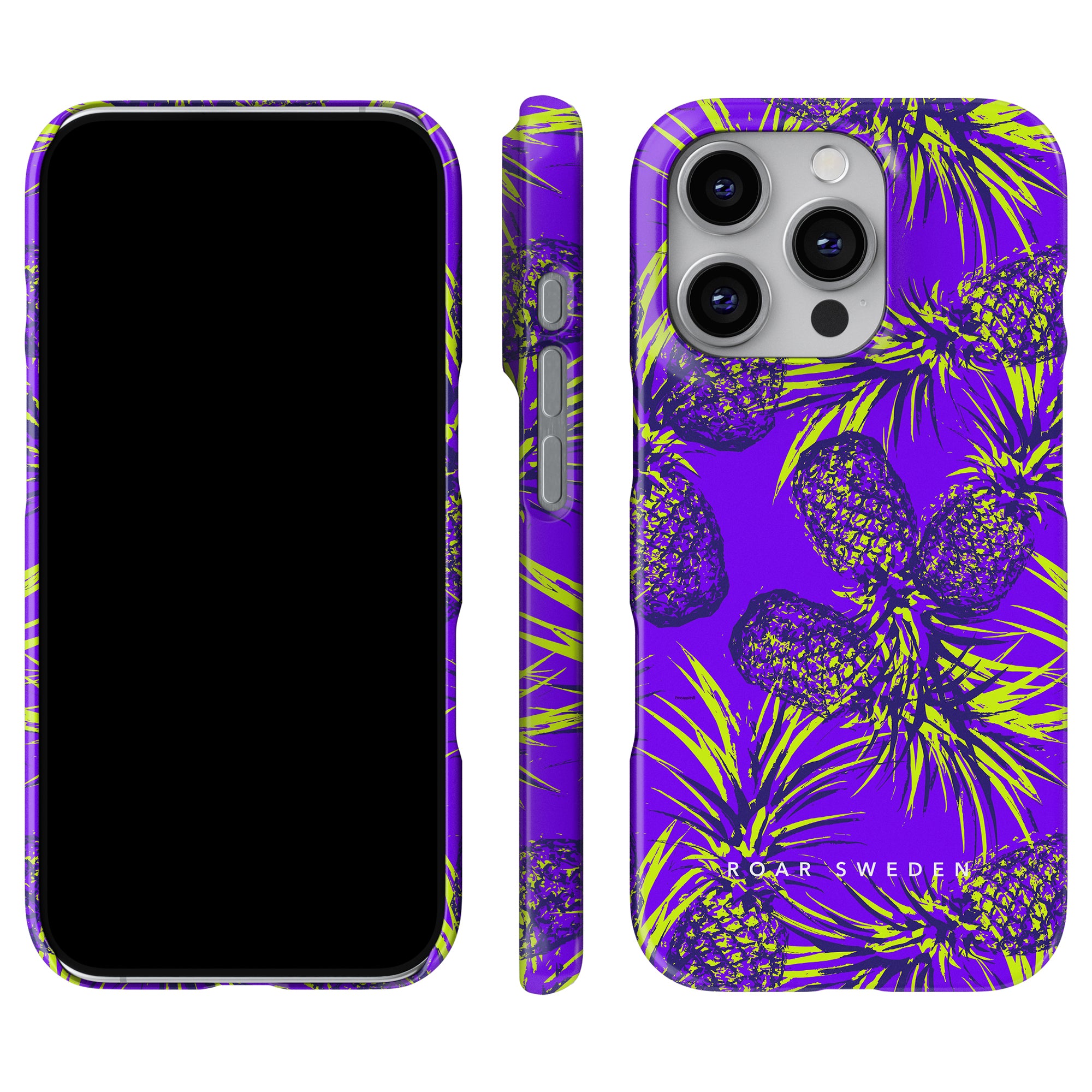 Introducing the Comosus - Slim case in purple, featuring a vibrant tropical pineapple pattern in green and yellow. This exclusive piece from our tropical fruit collection is displayed from front, side, and back angles.