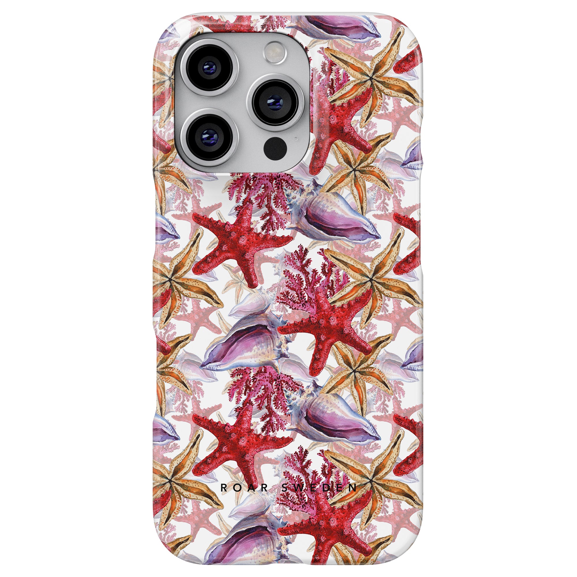 This Coral Reef slim case features a lively sea life design adorned with starfish, shells, and coral in eye-catching shades of red, orange, and purple. As part of our ocean collection, this mobilskal beautifully encapsulates the essence of underwater wonder.