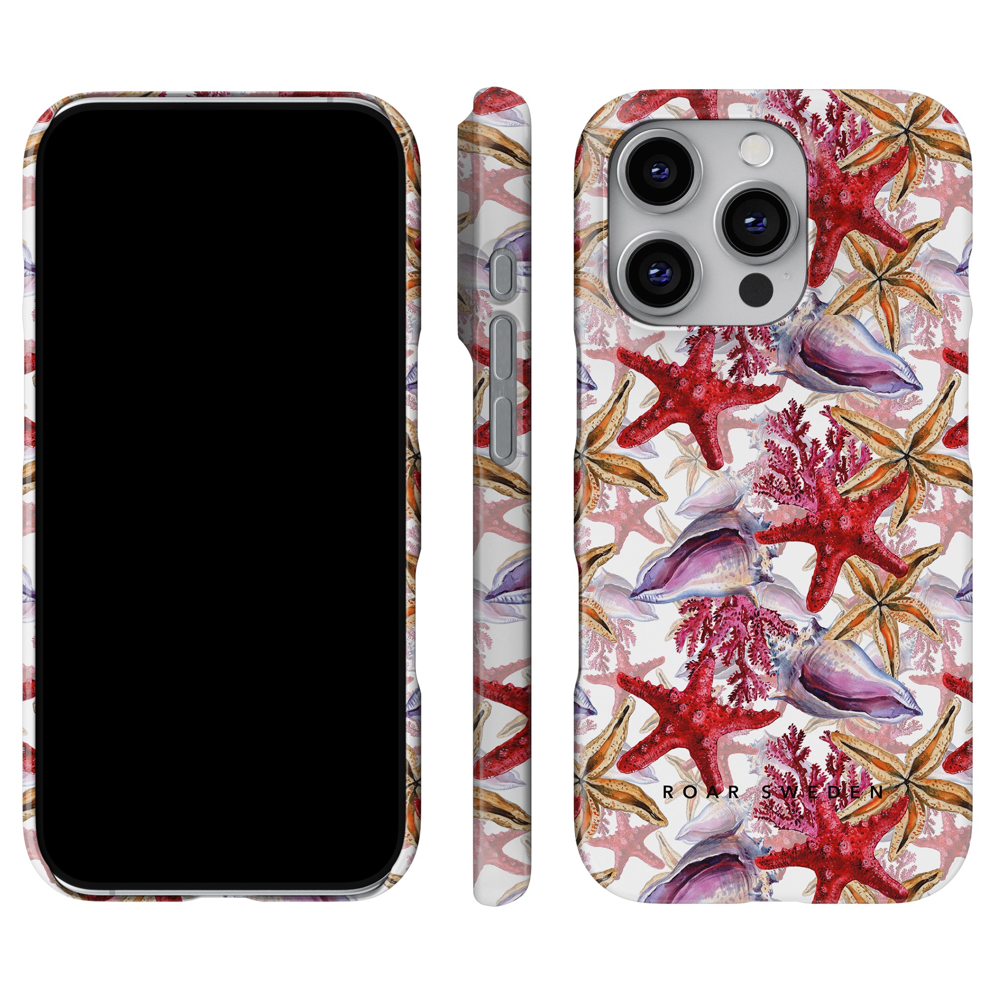 Coral Reef - Slim case, featuring a seashell and starfish pattern, showcased from the front, side, and back.