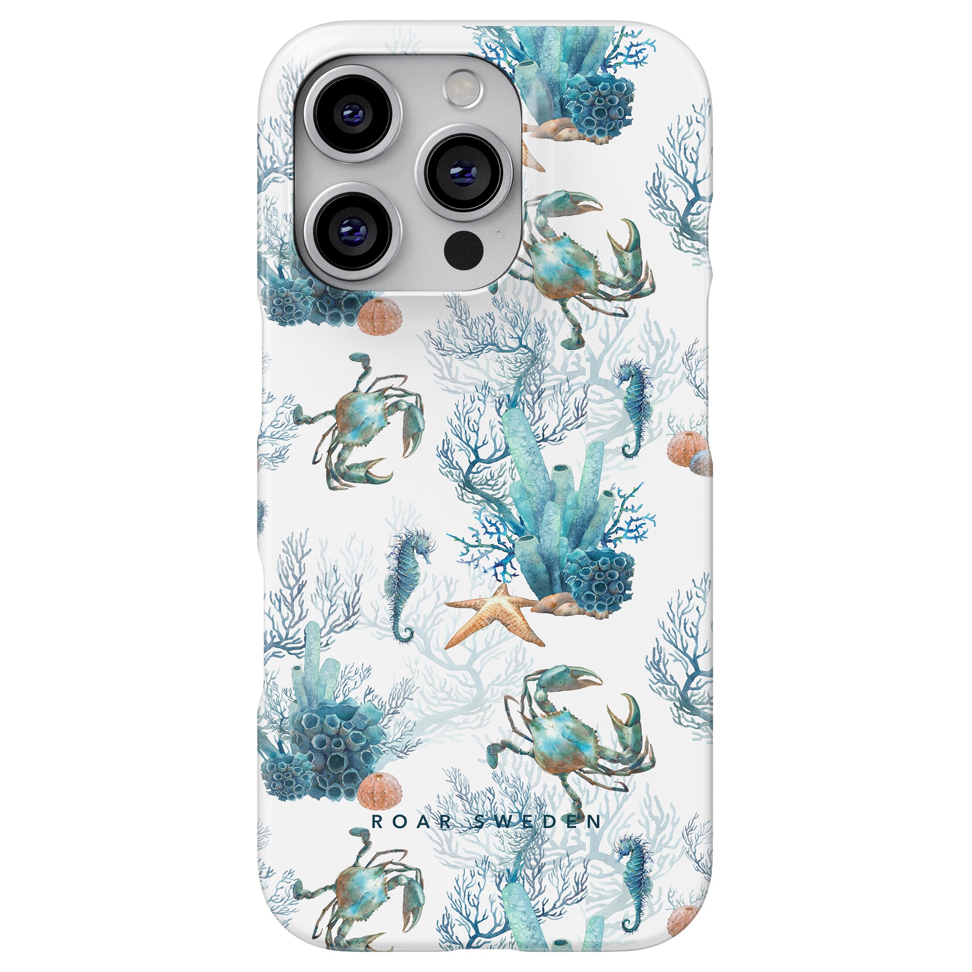 Introducing the Crab Reef - Slim Case, showcasing a vibrant aquatic design with crabs, coral, starfish, and seaweed in calming blue and green hues. Perfect for those who admire the ocean's serene beauty at their fingertips.