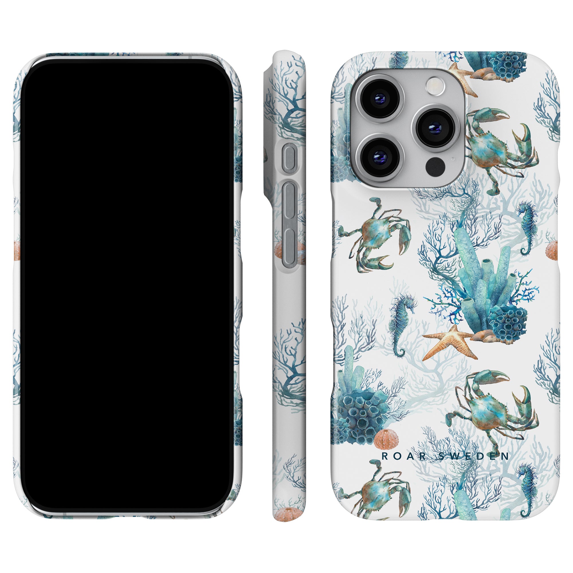 Explore the marine allure of the Crab Reef - Slim case, a phone accessory adorned with crabs, seaweed, starfish, and corals.