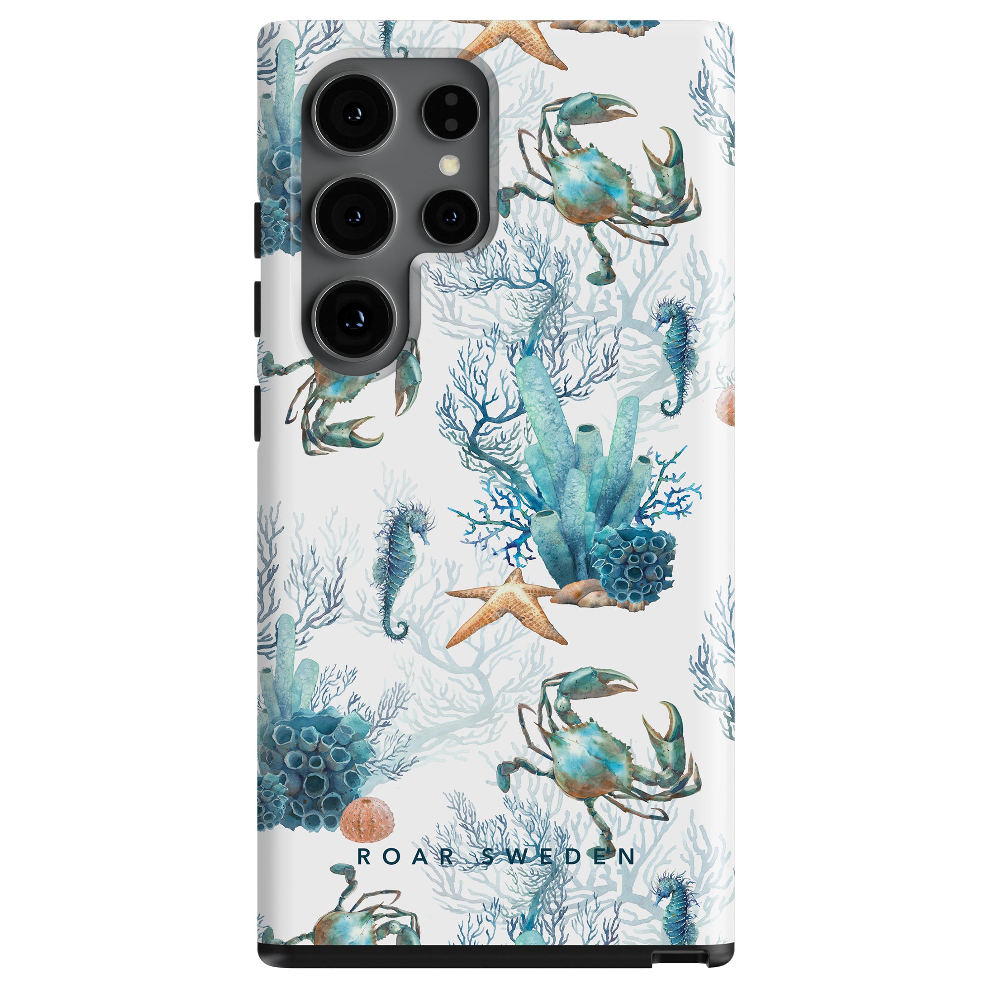 A smartphone case from our ocean collection featuring the Crab Reef - Tough Case design with seahorses, coral, and seaweed.