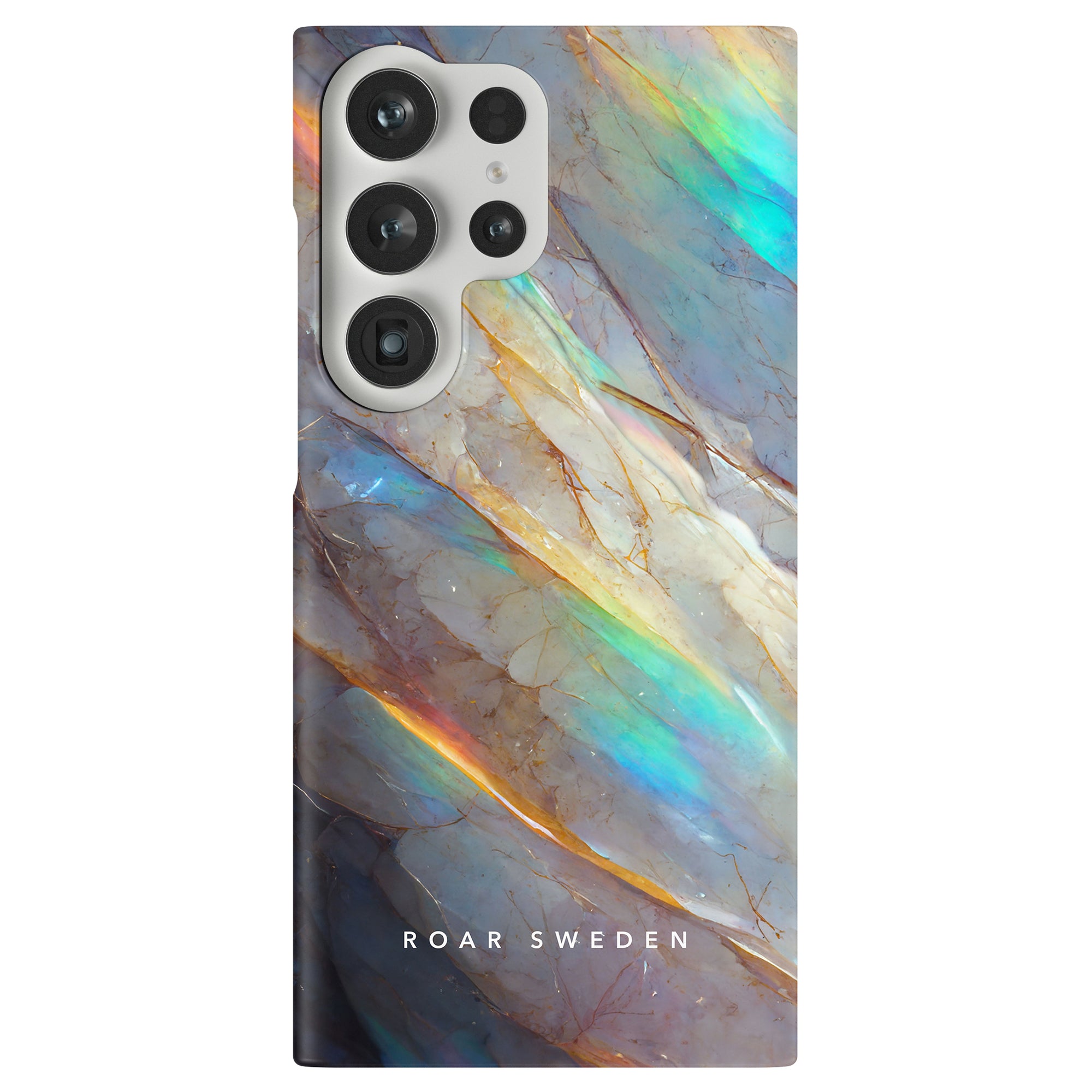 Ett Crystal - Slimt fodral designat för att skydda en mobiltelefon, med en livfull regnbågsfärgad marmordesign.
