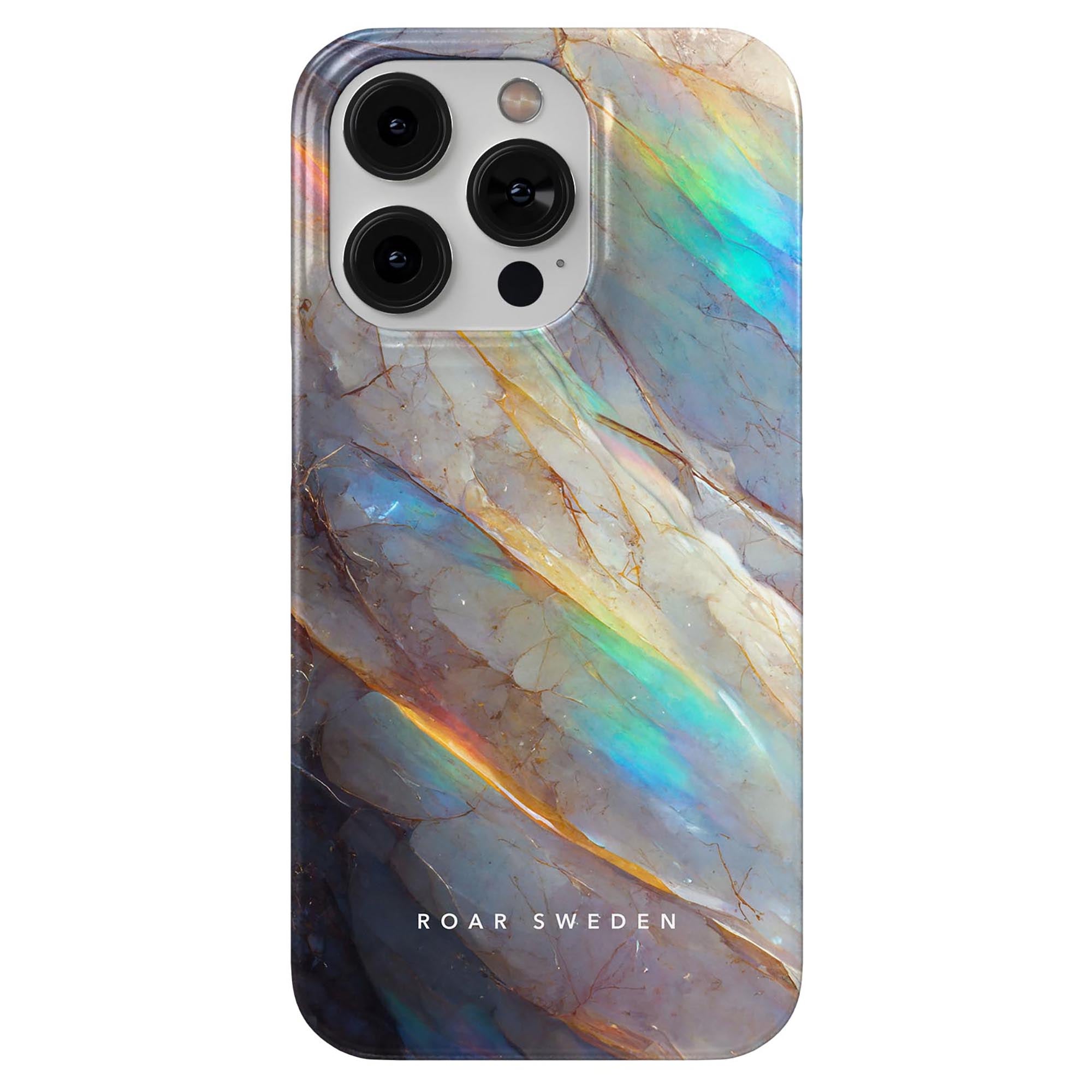 Ett kristall - smalt fodral för en mobiltelefon med en bild av en regnbågsfärgad marmor.