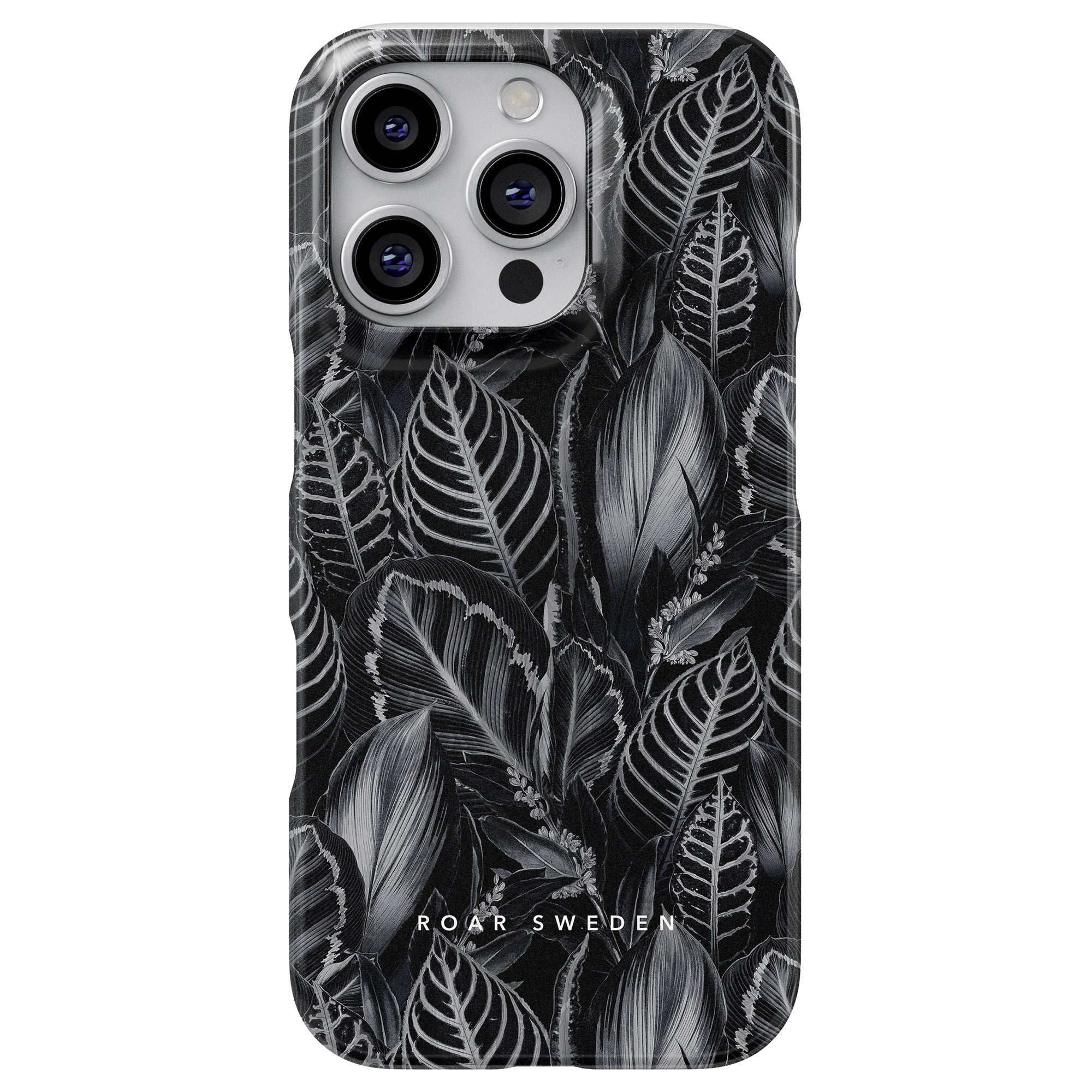 This sleek smartphone case, part of the exclusive Jungle Collection, showcases a captivating black and white Dark Leaves pattern with "Roar Sweden" elegantly inscribed at the bottom.