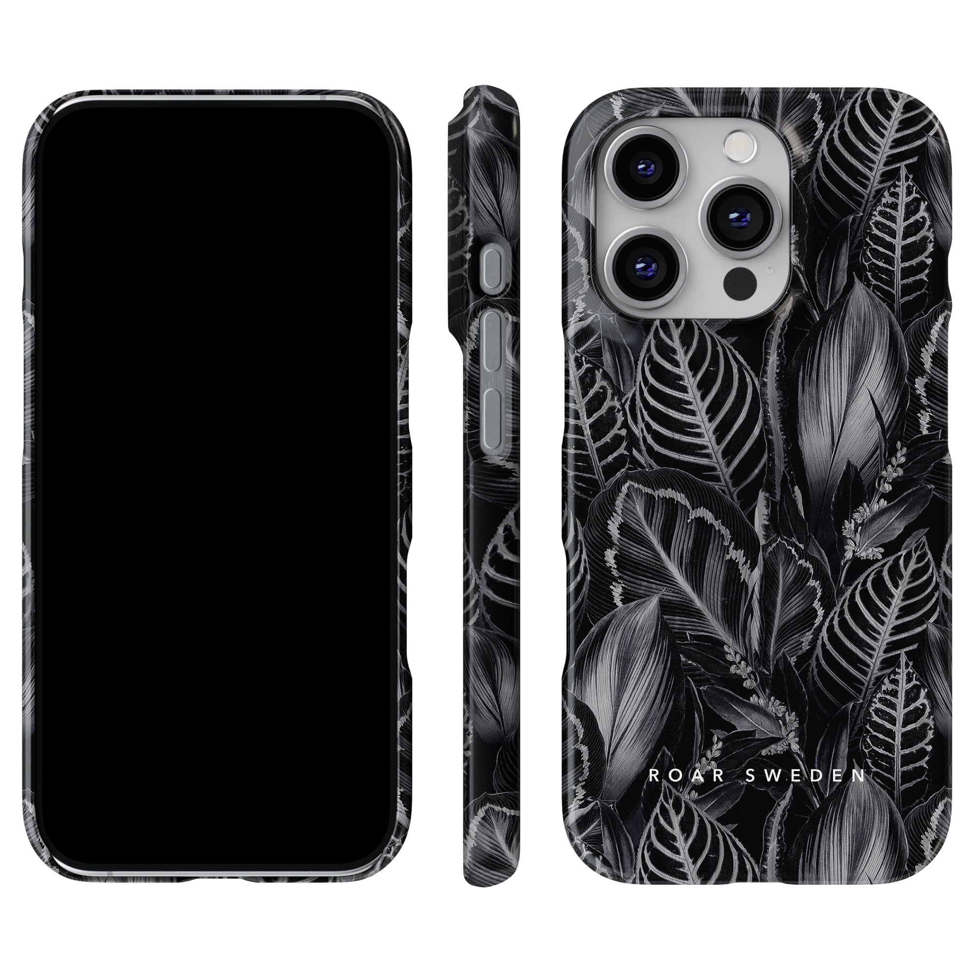 Immerse yourself in the sleek elegance of the "Dark Leaves - Slim case" from the Jungle Collection. Showcasing a captivating black and white pattern, this case is expertly presented from front, side, and back views to emphasize its stylish design.