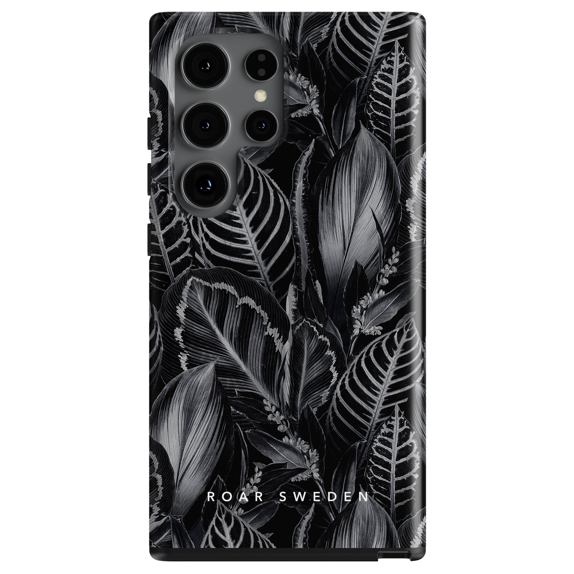 A smartphone with a Dark Leaves - Tough Case from the djungel collection and multiple camera lenses.