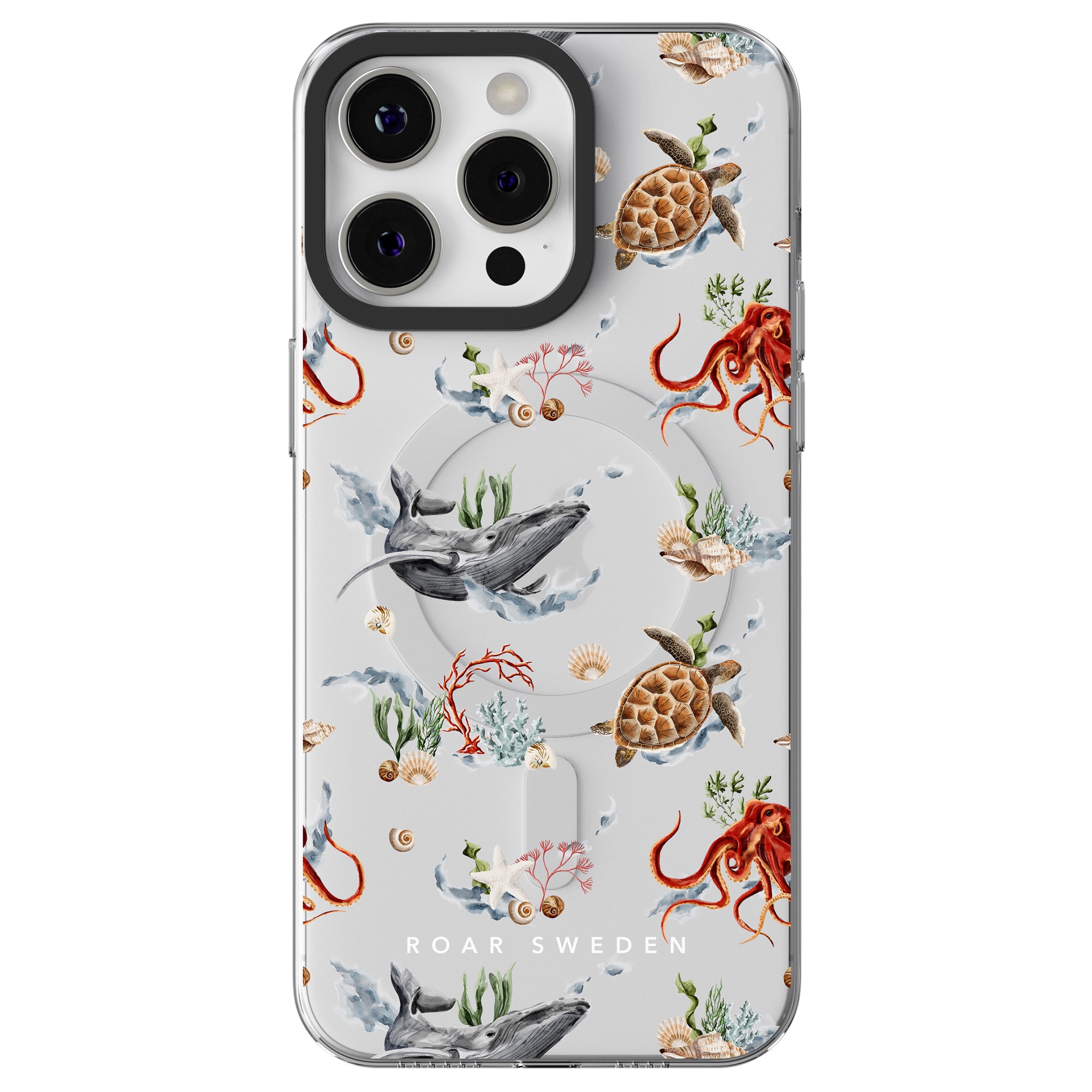 Smartphone case with a marine life design featuring whales, octopuses, turtles, and various sea plants. Part of the Ocean Collection by "Roar Sweden," this Deep - MagSafe ensures both style and functionality.