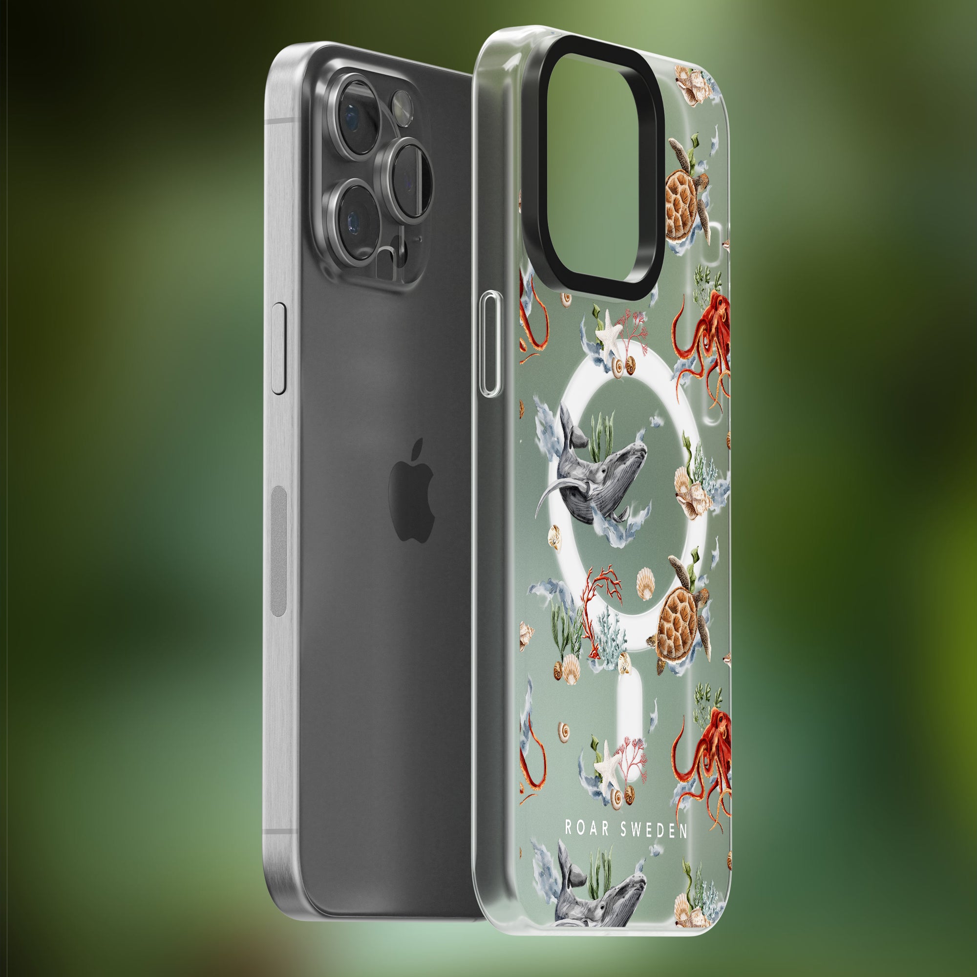 Two iPhones, one with a plain gray back and the other in a clear Deep - MagSafe case decorated with marine life illustrations from the Ocean Collection and the text "ROAR SWEDEN" on a green backdrop.