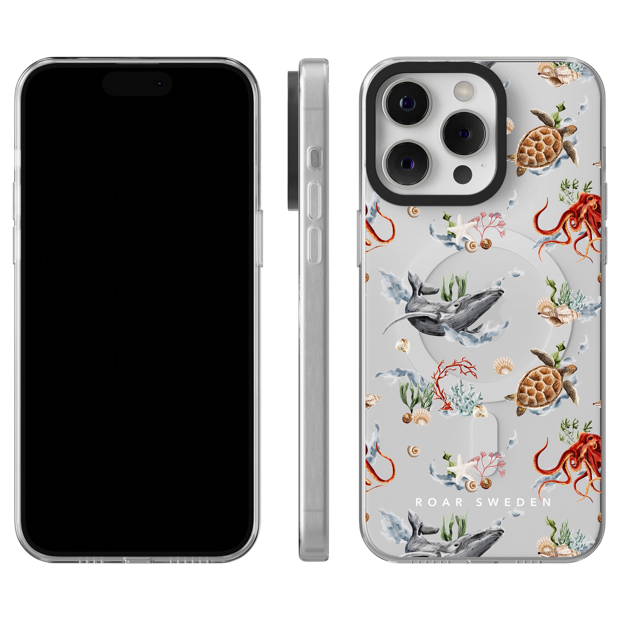 A smartphone with an ocean life-themed case featuring whales, turtles, and octopuses from the "Ocean Collection." The stylish Deep - MagSafe has the "ROAR SWEDEN" brand printed on the bottom. The phone is shown from the front, side, and back.