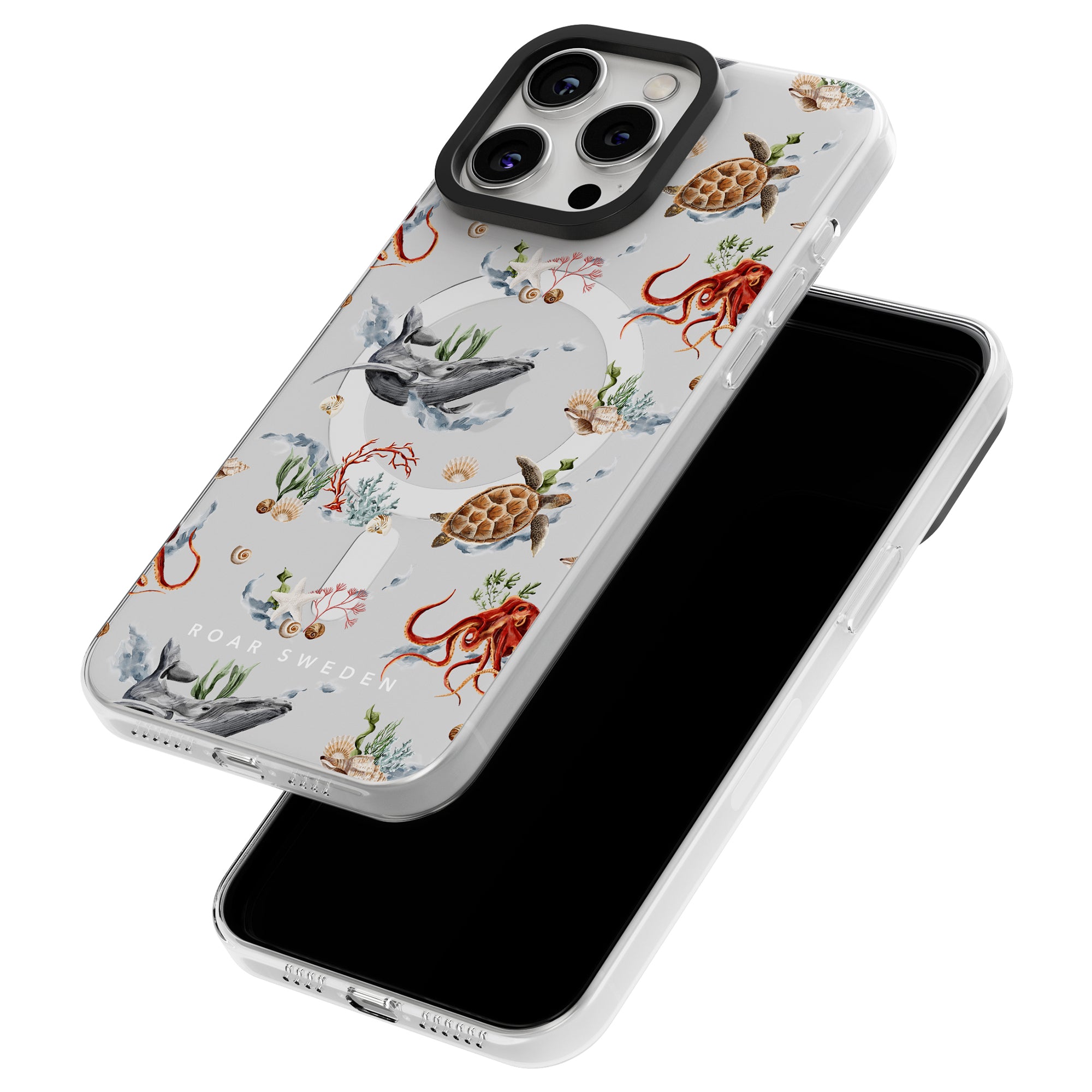 Two smartphone cases from the Ocean Collection with sea creature designs, one positioned above the other. The visible Deep - MagSafe features a gray background adorned with illustrations of whales, turtles, octopuses, and various sea plants.