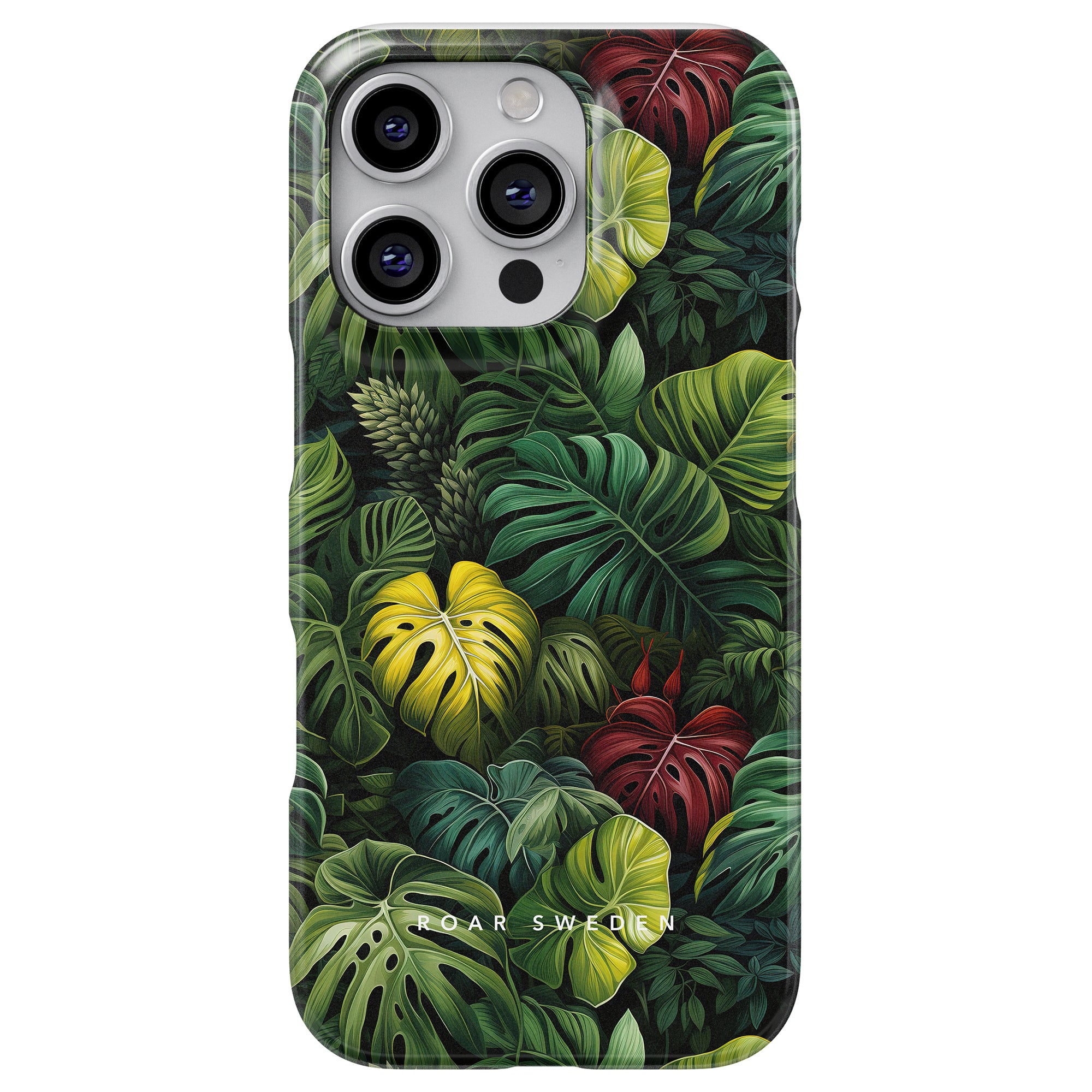 Part of the Jungle Collection, the Deliciosa - Slim case boasts a vibrant tropical leaf design in shades of green, yellow, and red, inspired by the iconic Monstera Deliciosa.