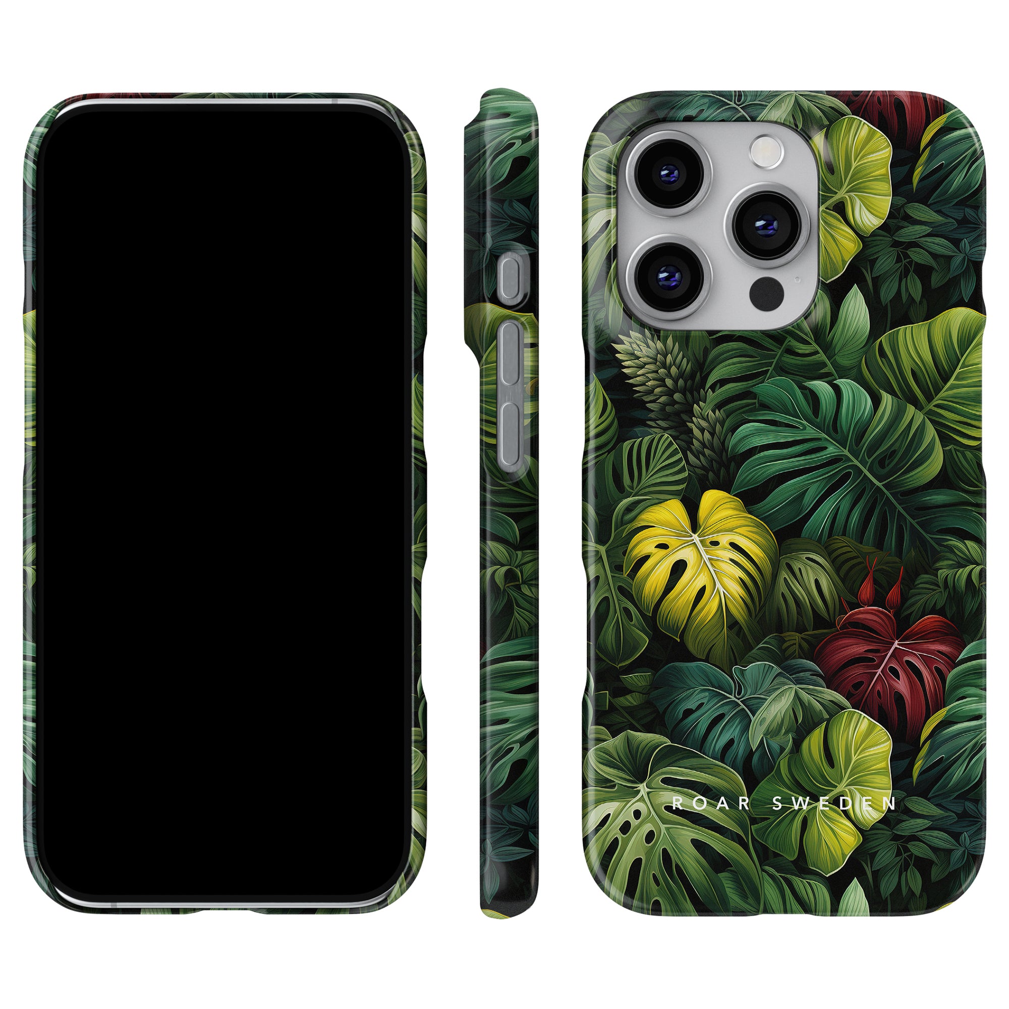 Dive into the Jungle Collection with the Deliciosa - Slim case, showcasing a lively tropical leaf design in green, yellow, and red inspired by the classic Monstera Deliciosa. It offers stunning visuals from every angle: back, front, and side.