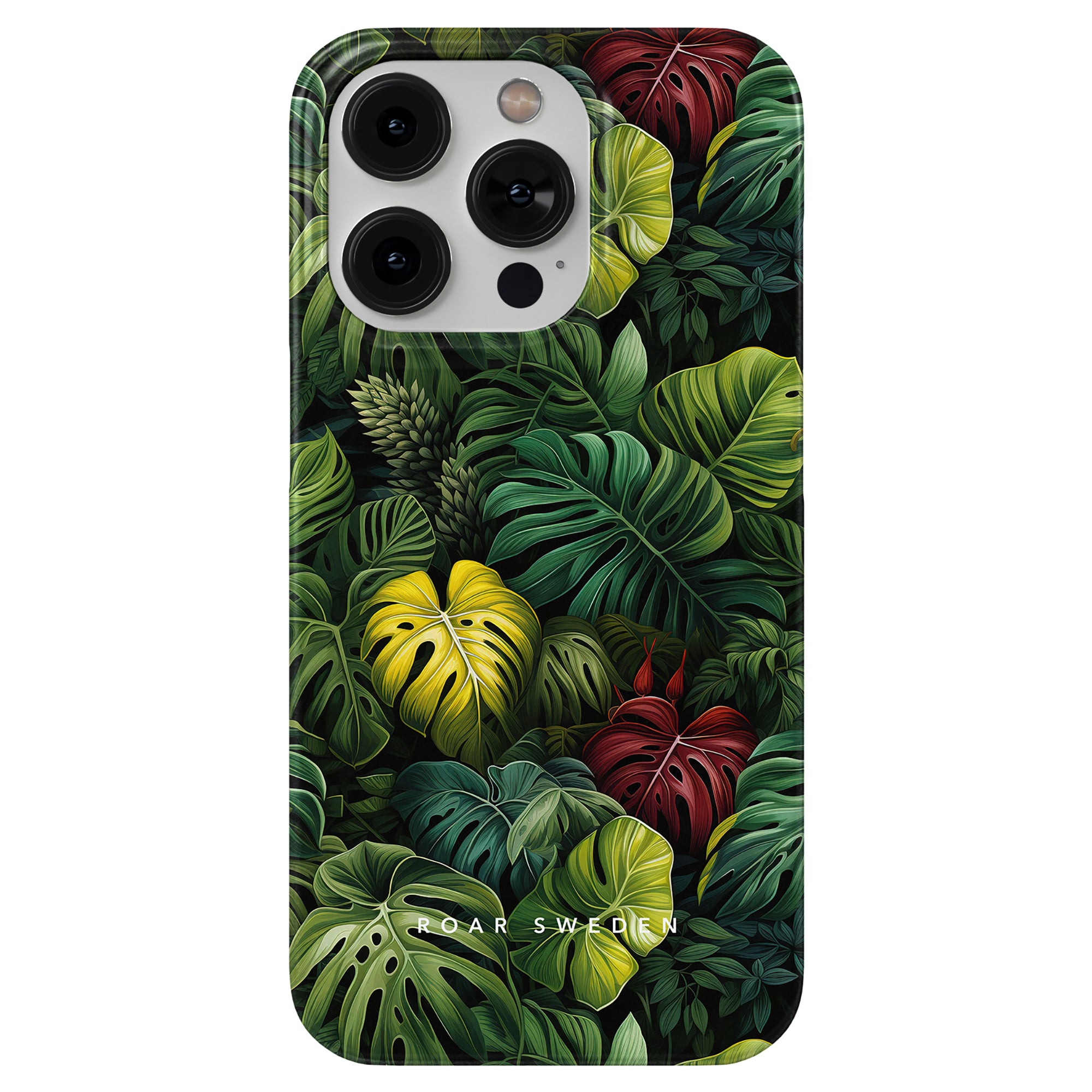 IPhone with a case featuring a tropical leaf design in various shades of green and red, reminiscent of the Jungle Collection. The Deliciosa - Slim case is branded "ROAR SWEDEN" at the bottom.