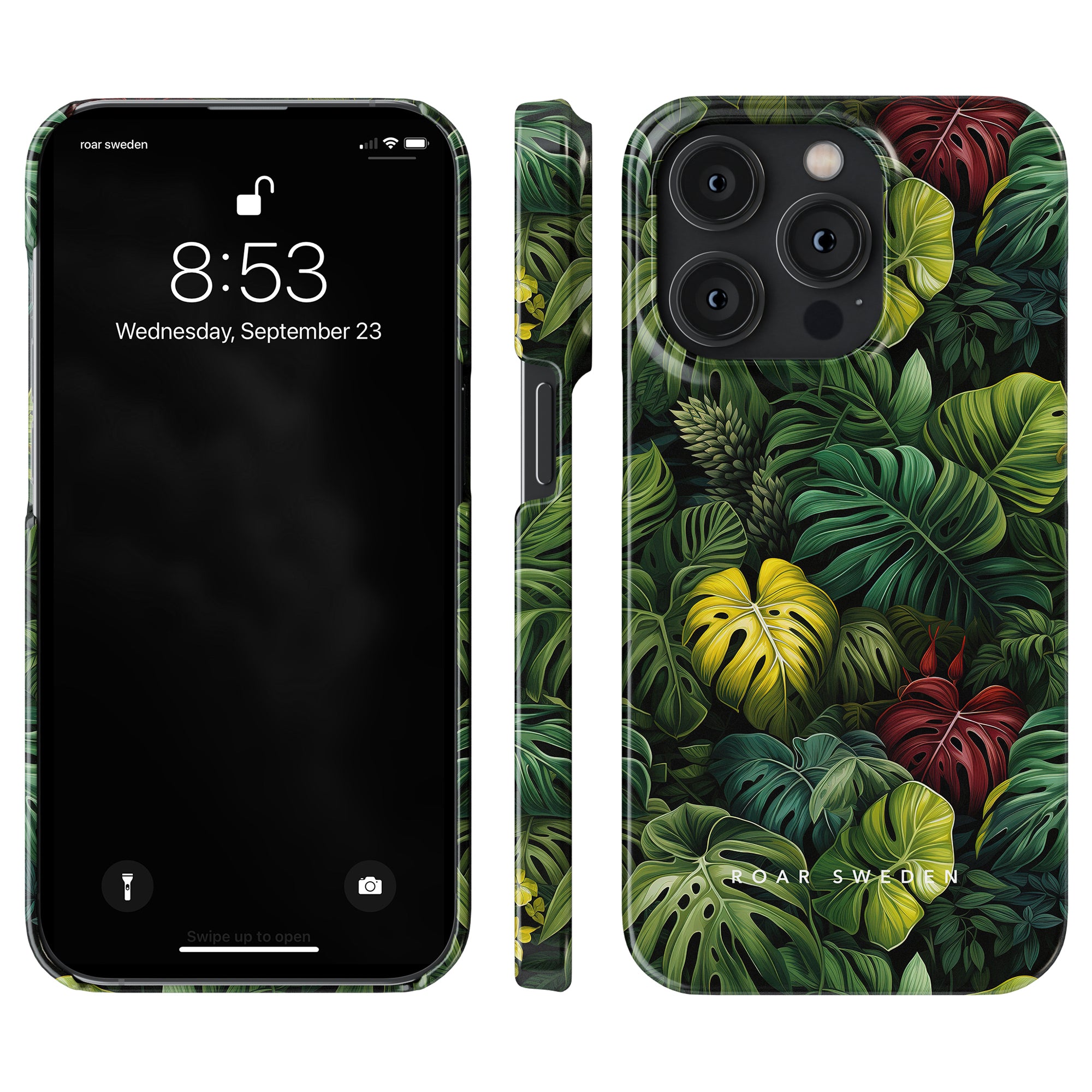 Deliciosa - Slim case in a green leafy design displaying a lock screen showing the time 8:53 and date Wednesday, September 23. The phone case, part of the Jungle Collection, features a tropical Monstera Deliciosa leaf print with the text "ROAR SWEDEN" at the bottom.
