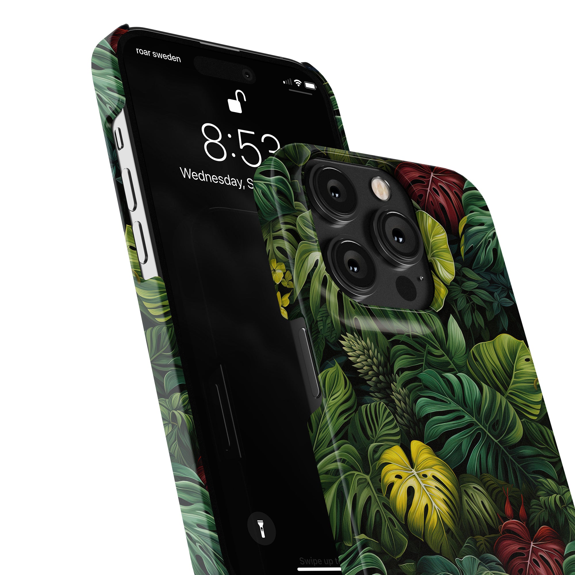Close-up view of a smartphone with a leafy green tropical-themed case from the Deliciosa - Slim case covering the back and sides. The Monstera Deliciosa design adds a touch of nature's charm. The phone screen displays the time and date.