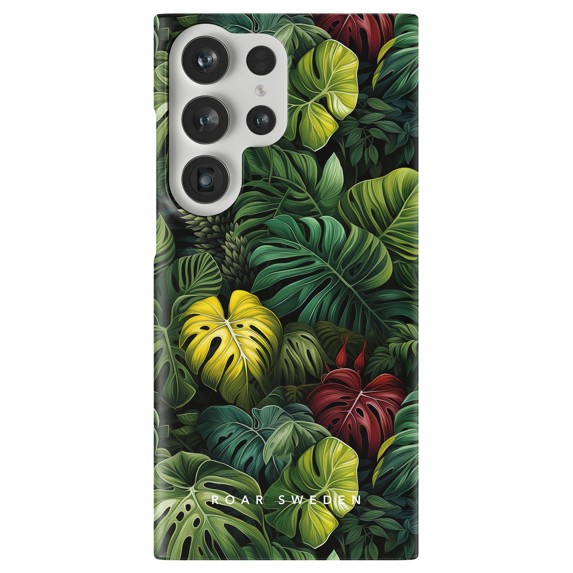 Close-up of a smartphone with a botanical-themed case featuring various green, yellow, and red tropical leaves. Part of the Jungle Collection, the Deliciosa - Slim case showcases Monstera Deliciosa leaves and has "ROAR SWEDEN" branding at the bottom.