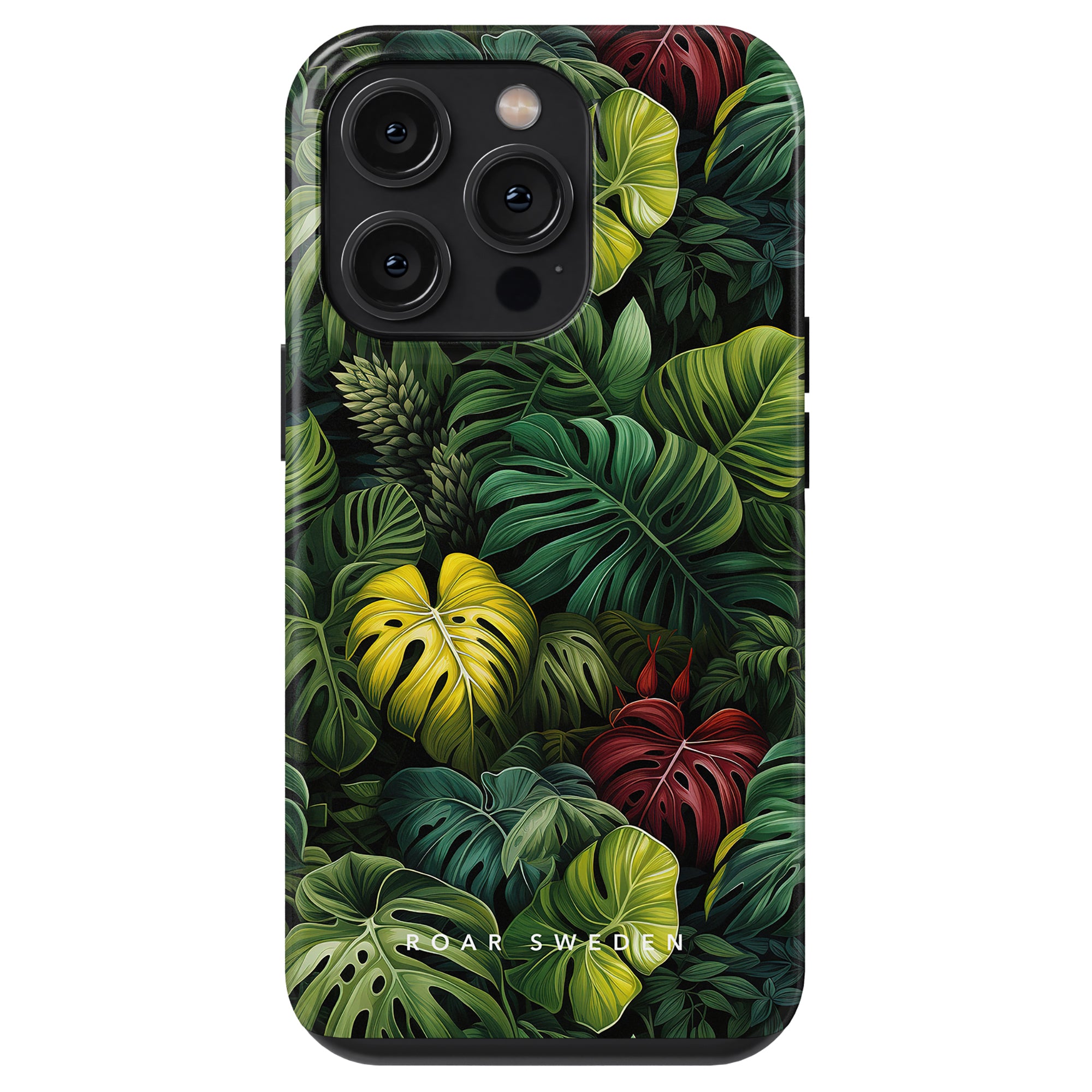 A smartphone with a tropical leaf-themed case featuring various green, yellow, and red leaves from the Jungle Collection and "Roar Sweden" branding. The design includes stunning Monstera Deliciosa leaves for a vibrant, lush look: Deliciosa - Tough Case.