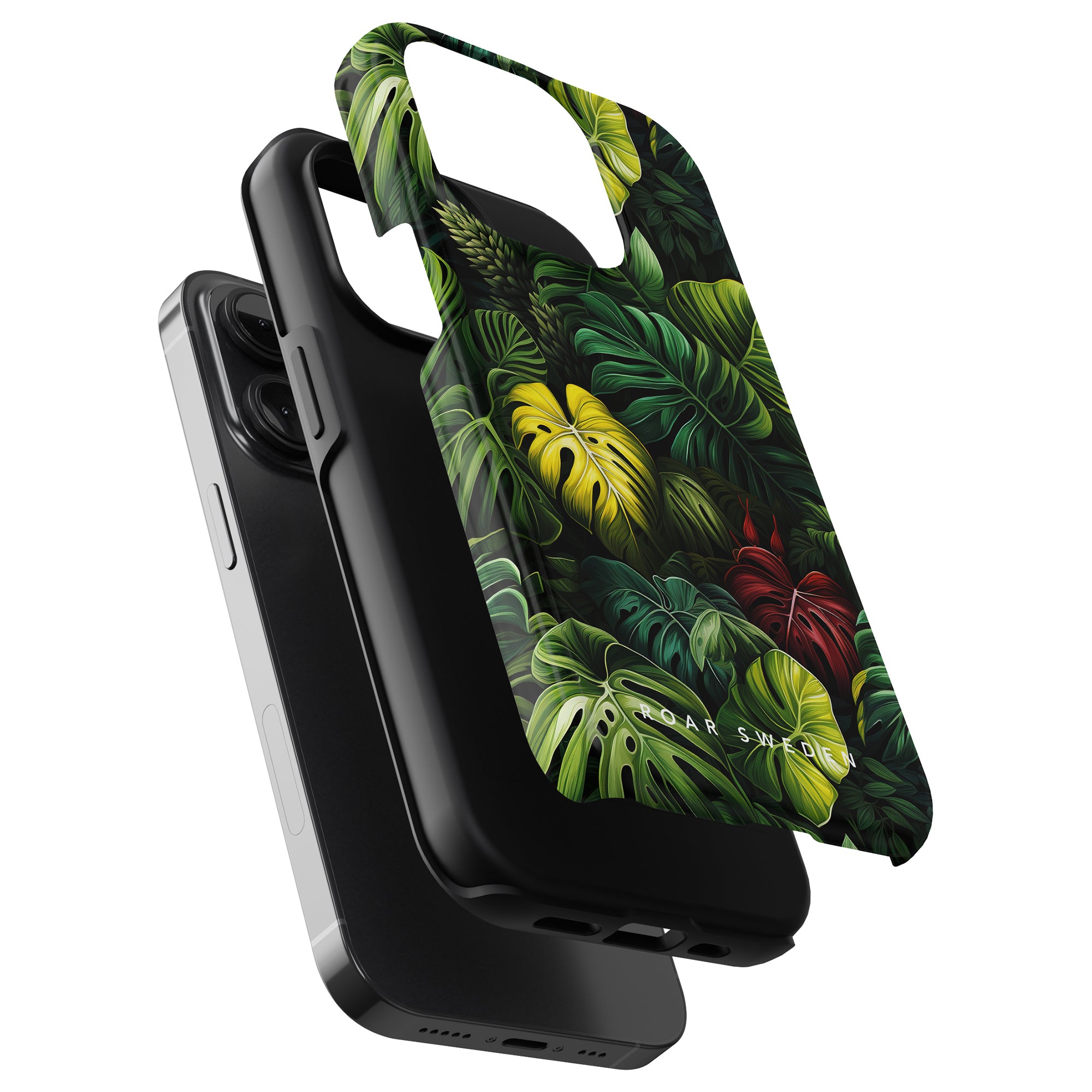 A smartphone with a black protective case and a second case from the Deliciosa - Tough Case collection featuring a leafy green and yellow tropical design, both detached and partially lifted off the phone.
