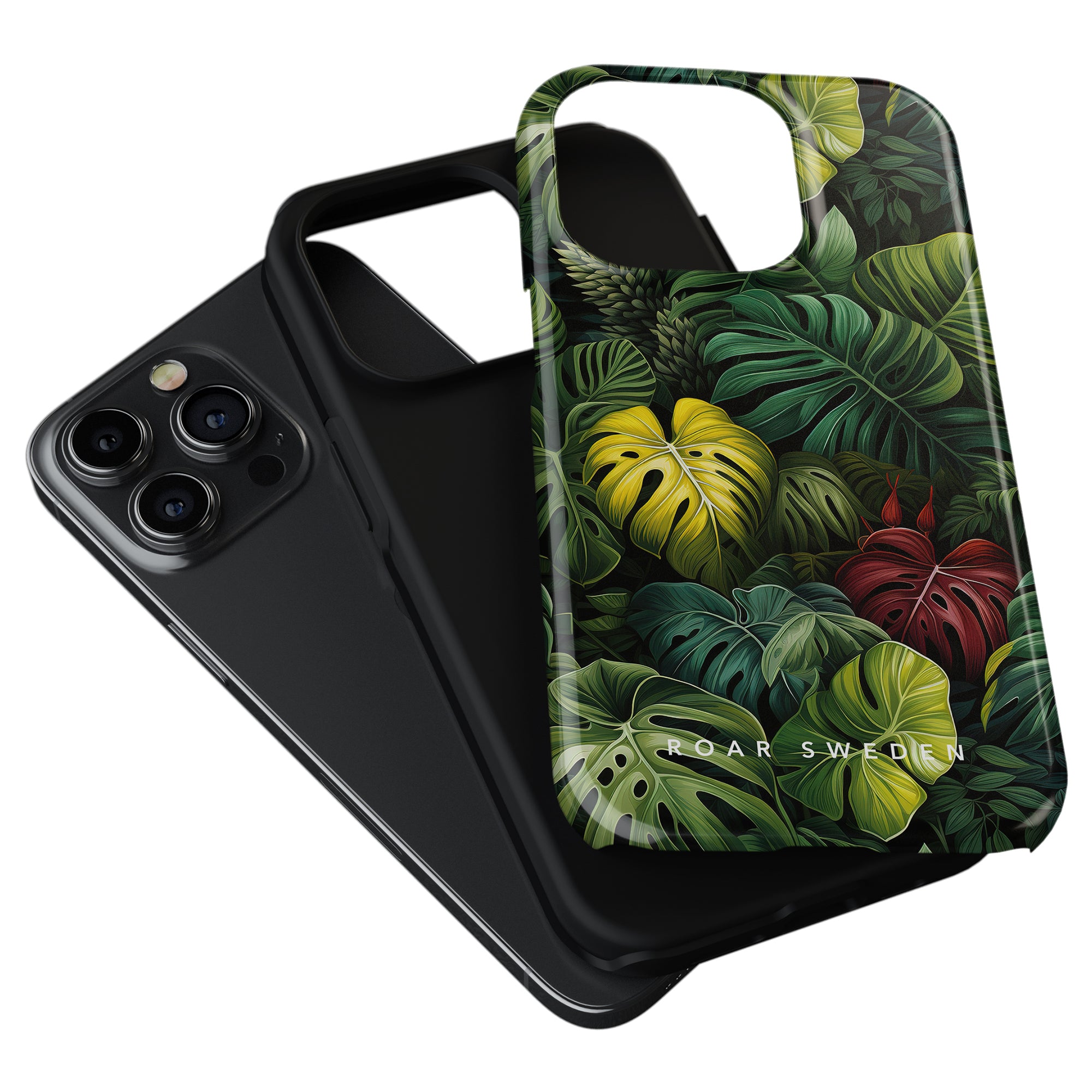A smartphone with three rear cameras and a tropical-themed phone case from the Jungle Collection, featuring vibrant green, yellow, and red Monstera Deliciosa leaves, is displayed. The Deliciosa - Tough Case is slightly slid off the phone to reveal its stunning design.