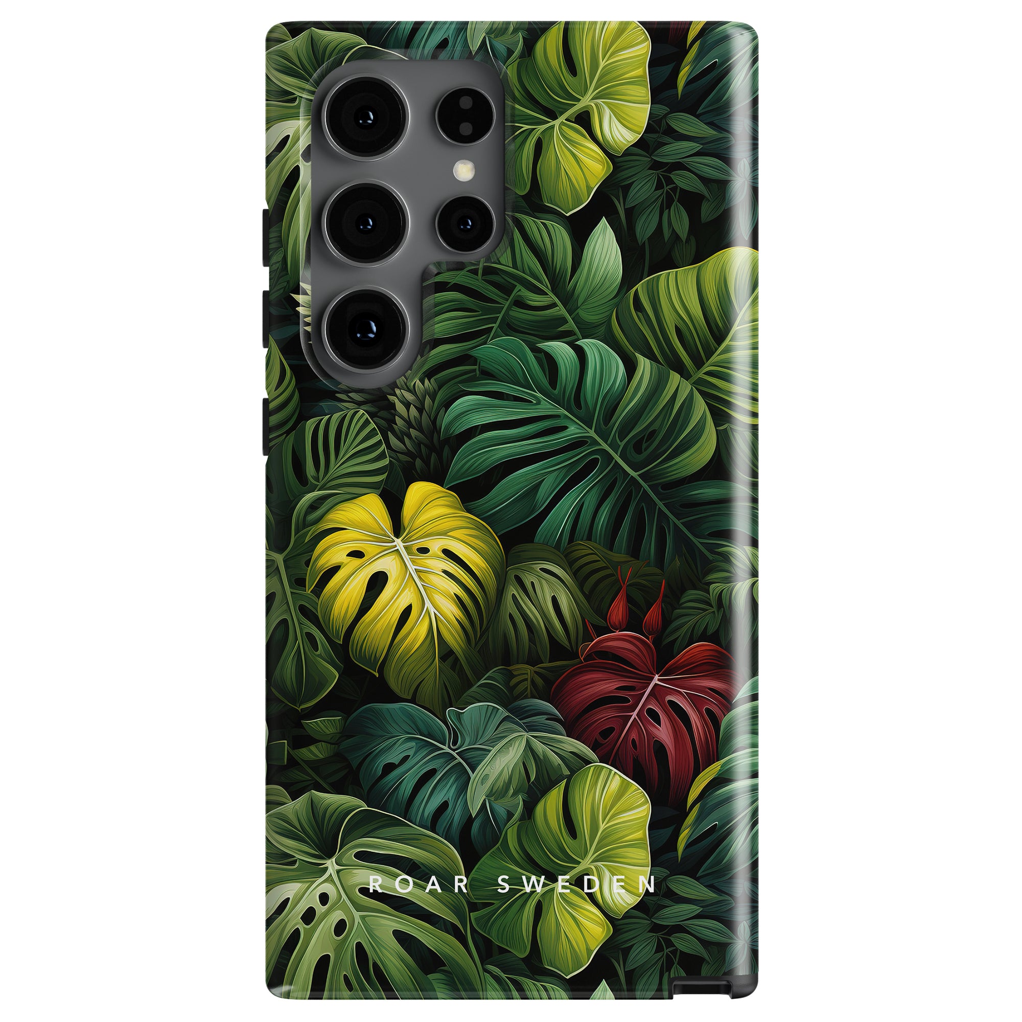 A Deliciosa - Tough Case featuring a vibrant design of green, yellow, and red tropical leaves, including Monstera Deliciosa. Part of the Jungle Collection with "ROAR SWEDEN" elegantly written at the bottom.