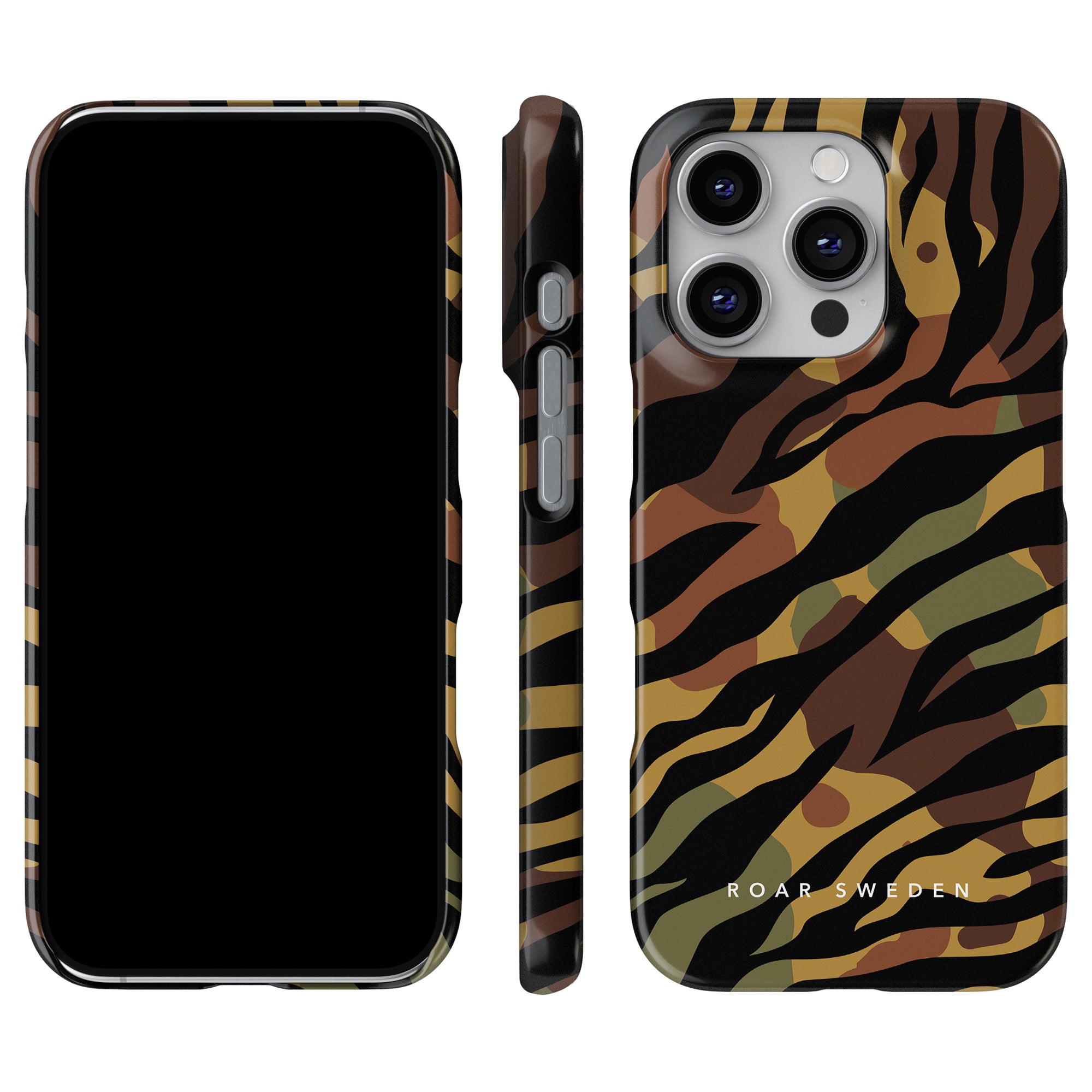 Smartphone and Desert - Slim case featuring a camouflage animal print design, displayed from the front, side, and back for a desert-inspired look.