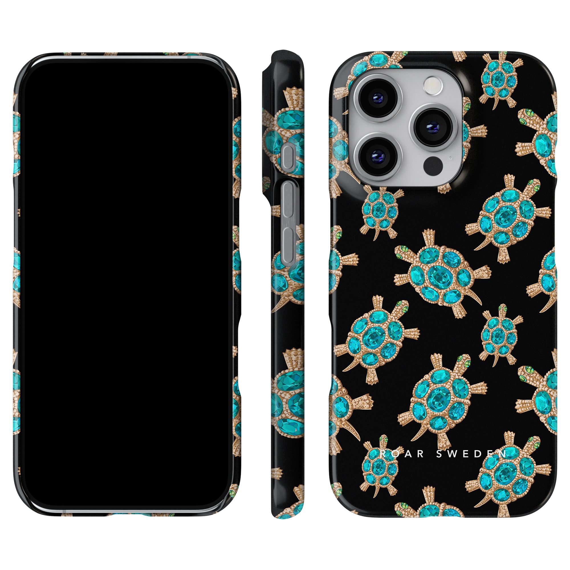 Inspired by the elegance of the Diamond Turtle, this luxurious design showcases a slim case featuring a pattern of turquoise and gold turtles set against a black background.