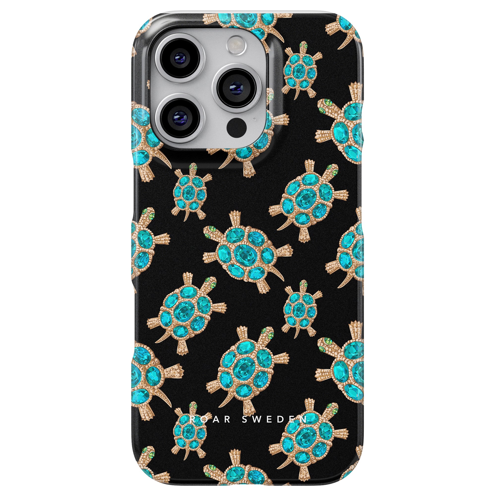 The Diamond Turtle - Slim case features a sleek black backdrop adorned with an elaborate design of gold and turquoise turtles, offering a luxurious aesthetic that embodies the grace of a diamond turtle.