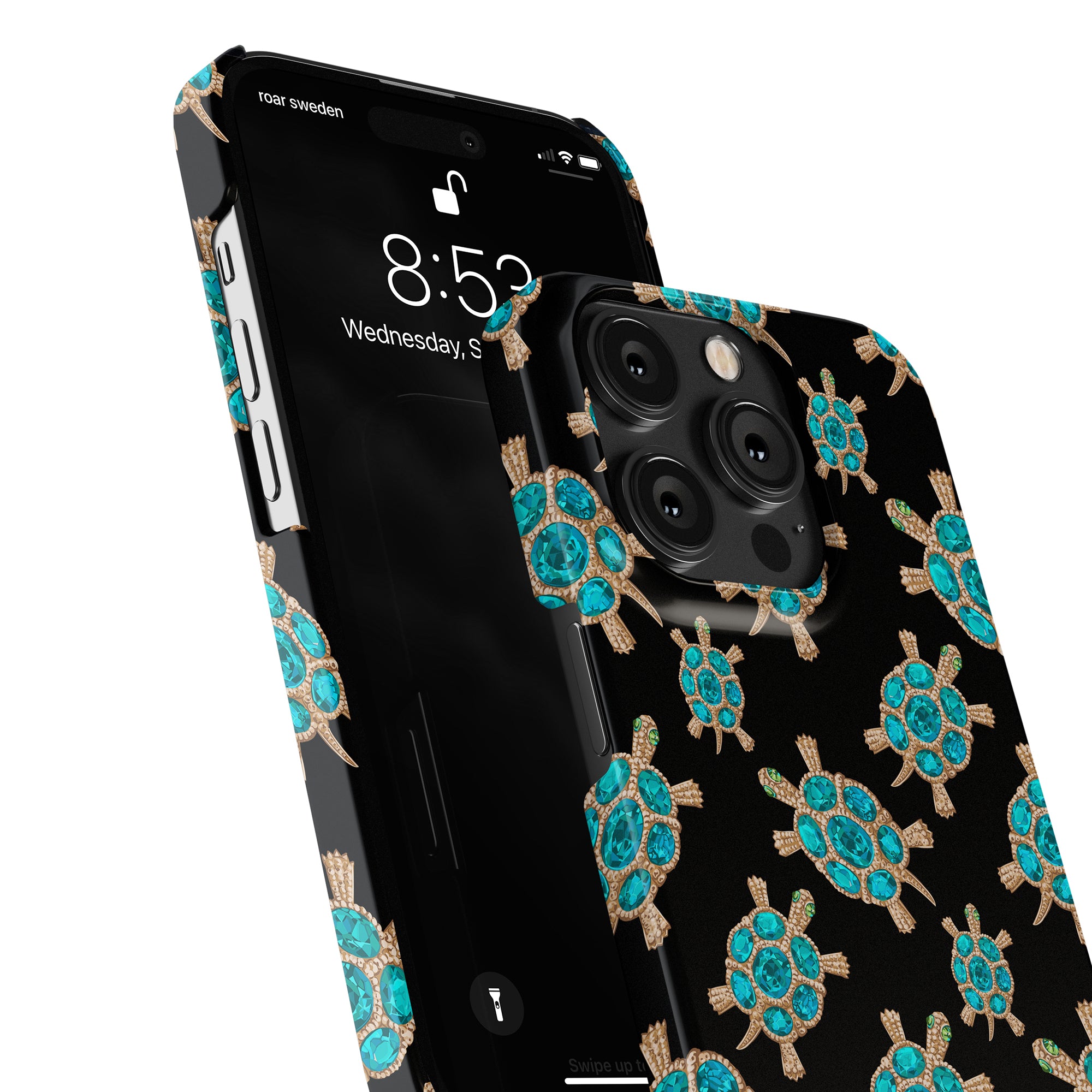 An elegant smartphone accessory, the Diamond Turtle - Slim case features a stylish design with turquoise turtles on a black background.