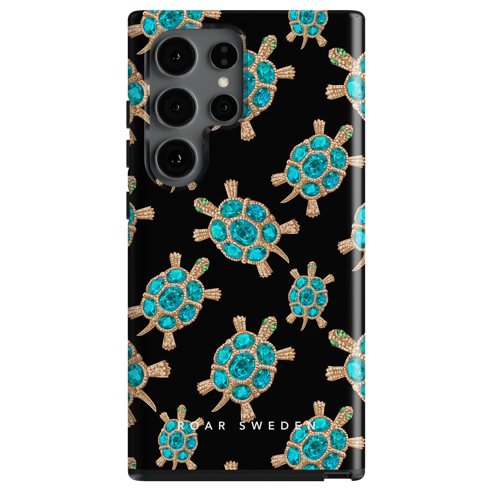 Black smartphone case with Diamond Turtle pattern from the Ocean Collection and brand logo.