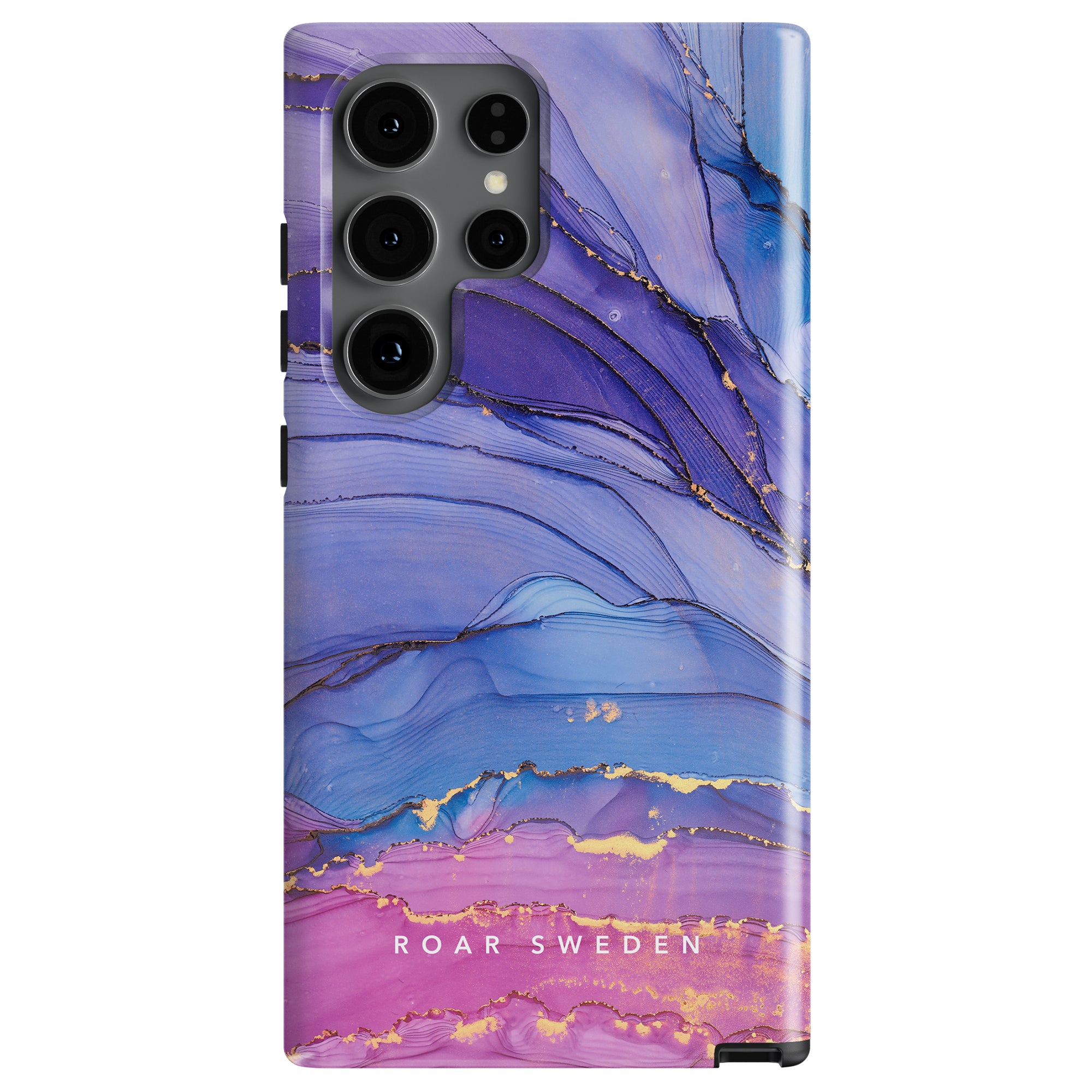 A smartphone with a Dreamy - Tough case featuring an abstract design in shades of purple, blue, and pink. "Roar Sweden" is written at the bottom. The phone has multiple cameras on the back.