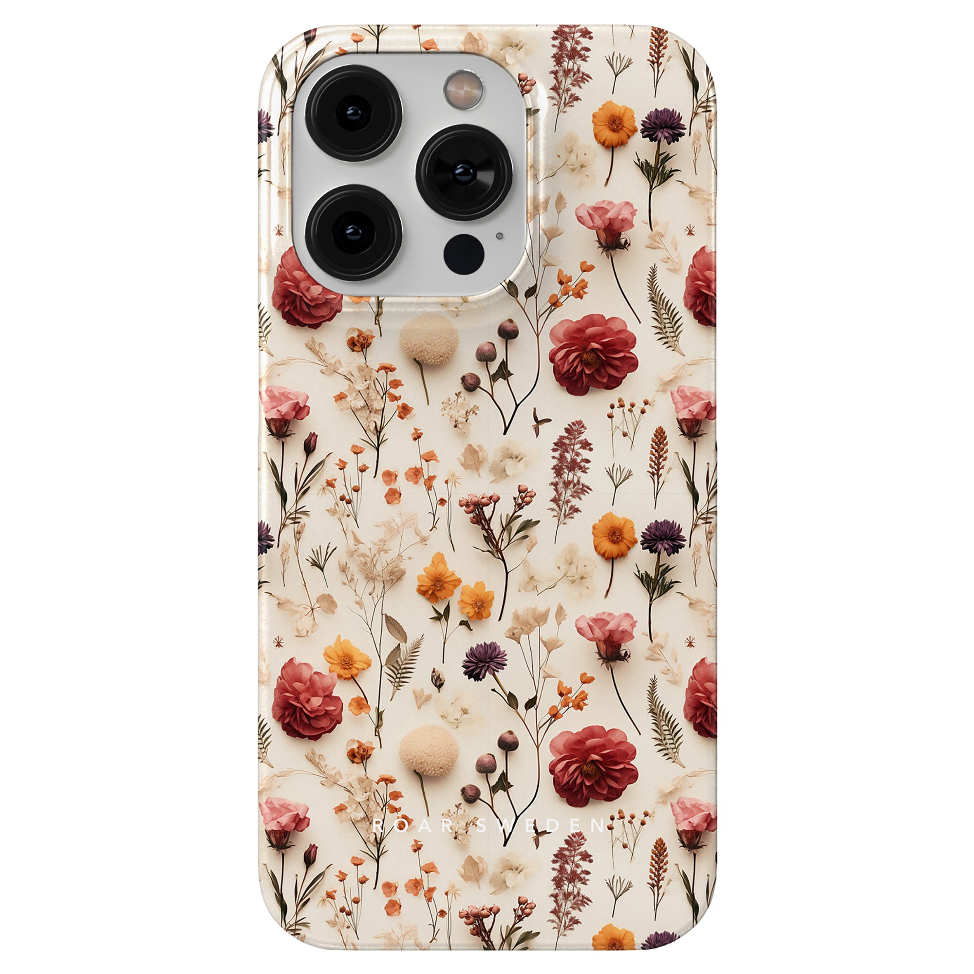 Smartphone with the Dried Flowers - Slim case, featuring a floral design with various dried flowers on a light beige background.