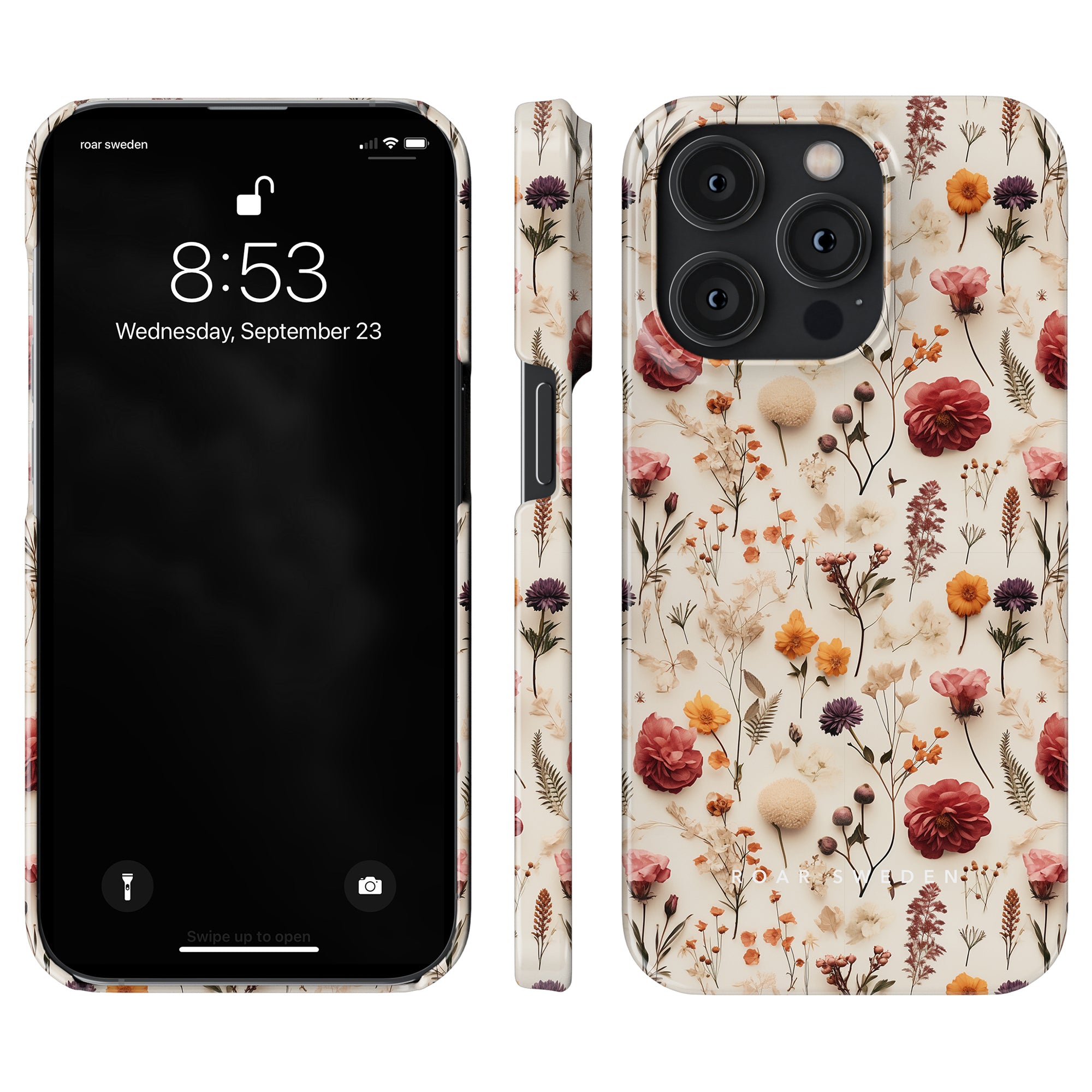 Smartphone in a Dried Flowers - Slim case with a screen displaying the time 8:53, date Wednesday, September 23. The case from our höstkollektion features various colorful dried flowers on a light background.