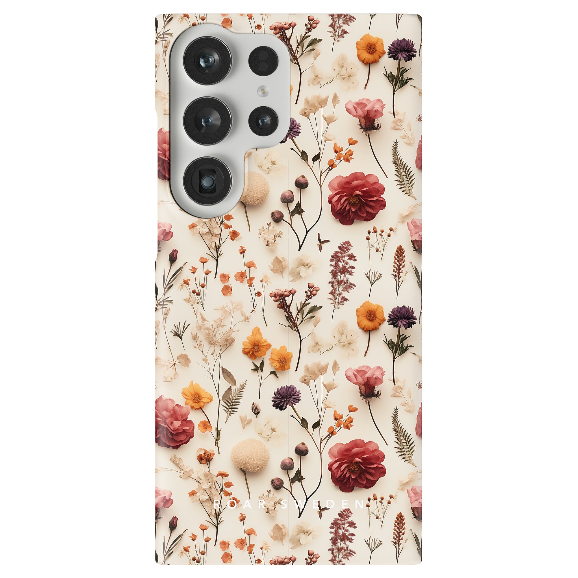 A "Dried Flowers - Slim case" from the höstkollektion, adorned with a cream-colored floral pattern featuring various small flowers and leaves in shades of pink, red, orange, and brown.